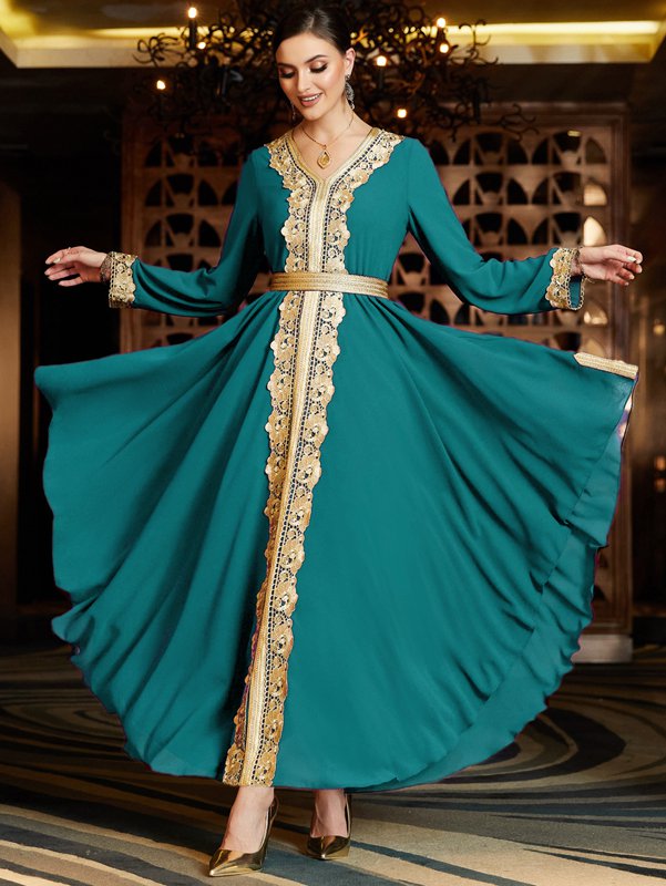 Elegant Arab Double Layer Chiffon Lace Embroidered Women's Caftan Kaftan Dress - Perfect for Weddings, Parties & Special Occasions