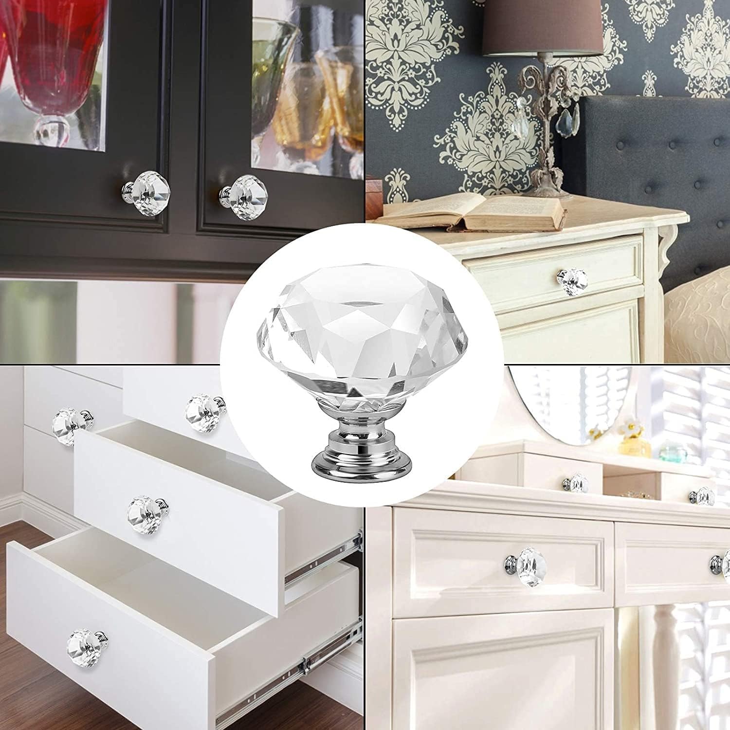 6-Pack Crystal Aluminum Alloy Wardrobe Knobs - Round Base Cabinet Pull Handles for Dresser, Cupboard & Furniture (30x31mm, White) - Perfect for Bedroom, Closet & Home Decor Upgrade