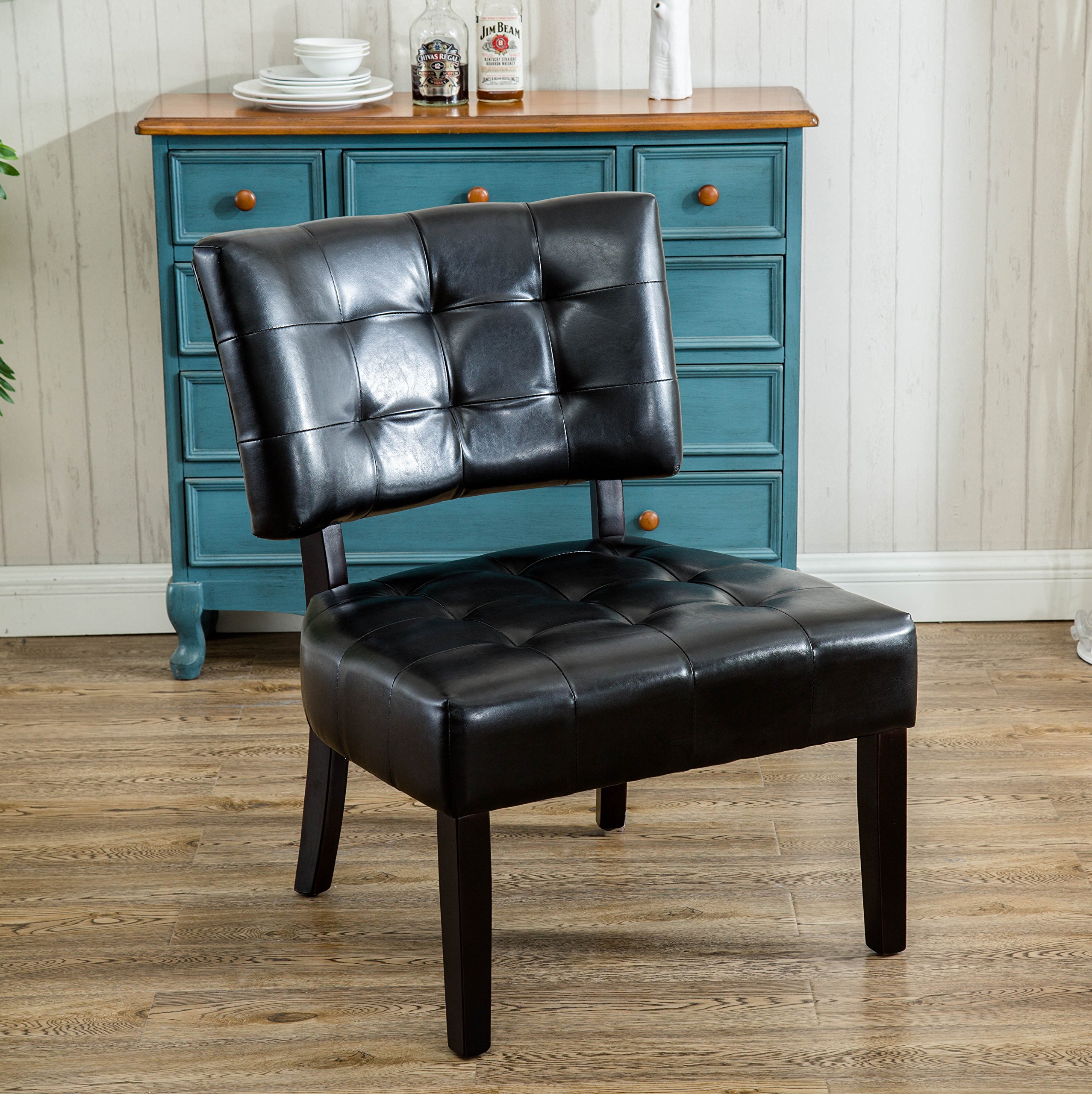 Roundhill Furniture Faux Leather Tufted Accent Chair - Oversized Black Modern Lounge Chair for Living Room, Bedroom & Office - Comfortable Seating for Home Decor