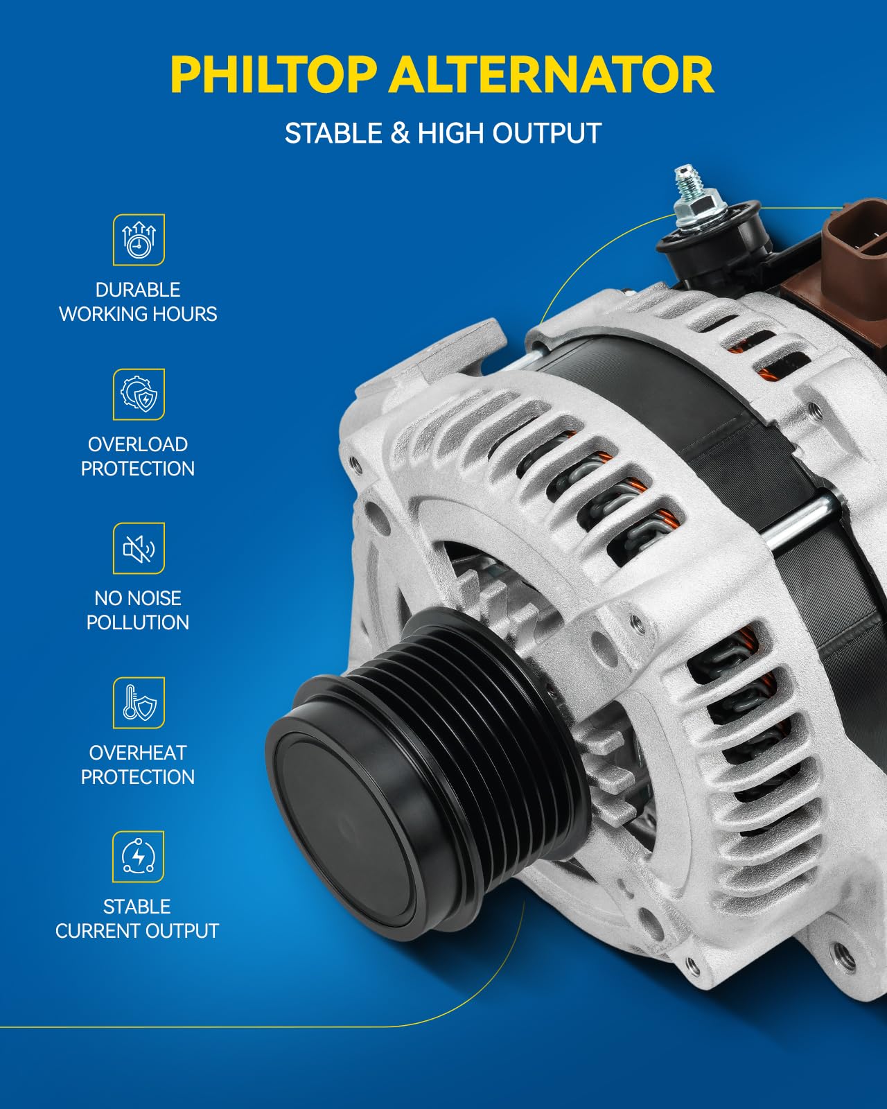PHILTOP 150A Alternator Replacement for Dodge Charger 2008-2010, 300 2008-2010, Challenger 2008-2010, Magnum 2008, Charger 2012-2013, 300 2012-2013 - Compatible with Part Numbers 11383N, 11383 - High Performance Car Charging System for Smooth Driving & Reliable Power Supply