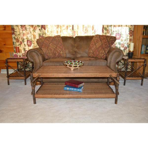 Solid Hickory Wood Coffee Table with Storage Shelf - Rustic Farmhouse Living Room Furniture for Home Decor & Entertainment Areas