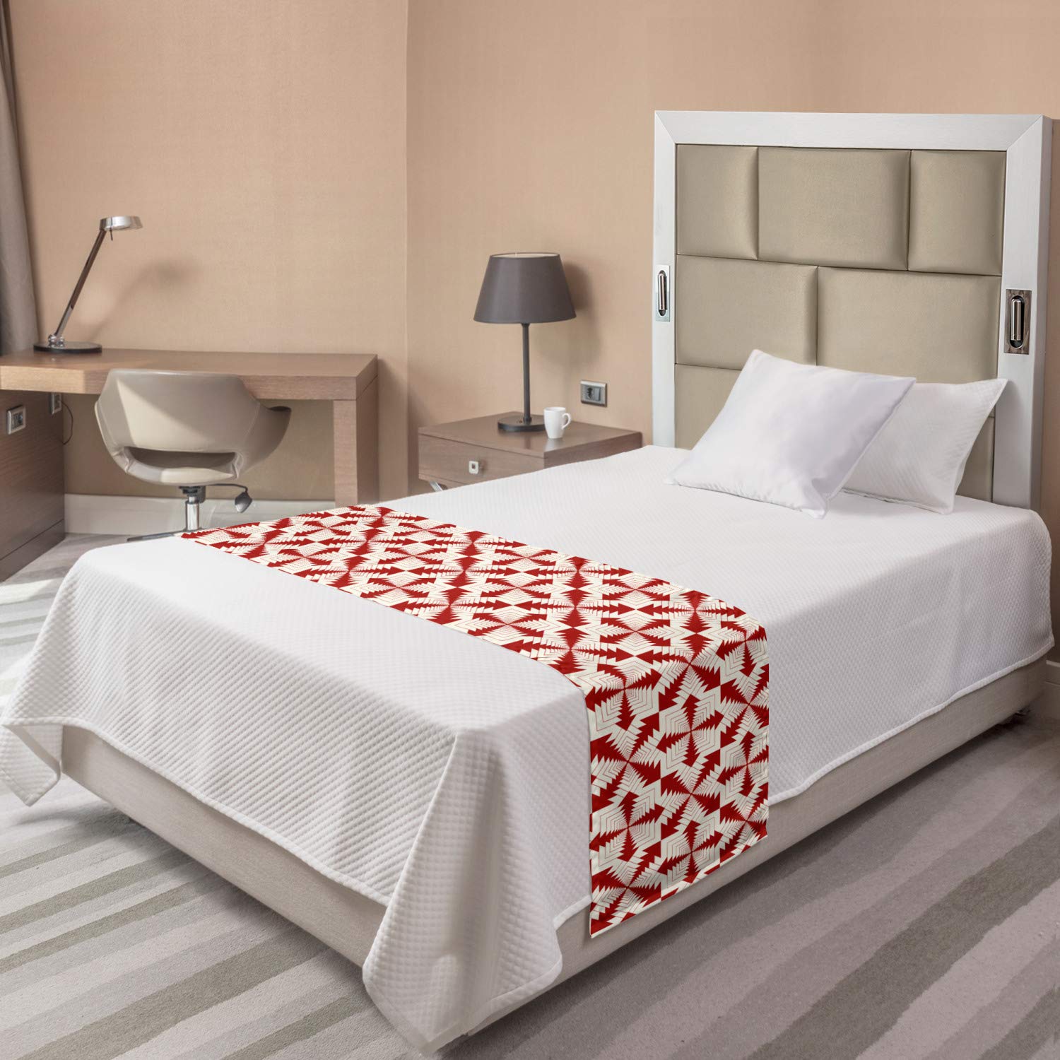 Ambesonne Abstract Bed Runner - Modern Retro Pattern Art Print with Funky Intertwined Frames | Decorative Bedding Scarf for Hotels, Homes & Guestrooms in Vermilion & Ivory | Perfect for Bohemian & Eclectic Bedroom Decor