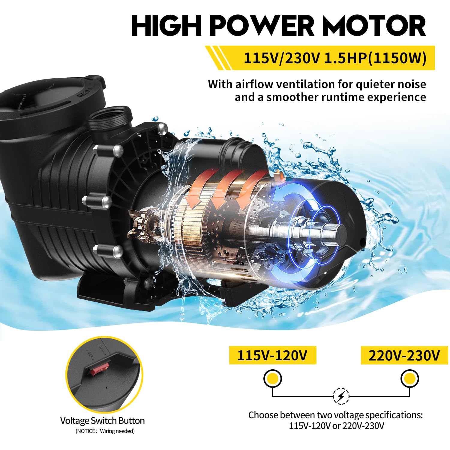 1.5HP Dual Voltage Pool Pump 4500GPH Inground/Above Ground - Self-Priming Water Pump for Swimming Pools, Hot Tubs & Seawater (115V/230V 60HZ, 42FT Head Lift) - Perfect for Residential & Commercial Pool Maintenance, Water Circulation & Filtration Systems