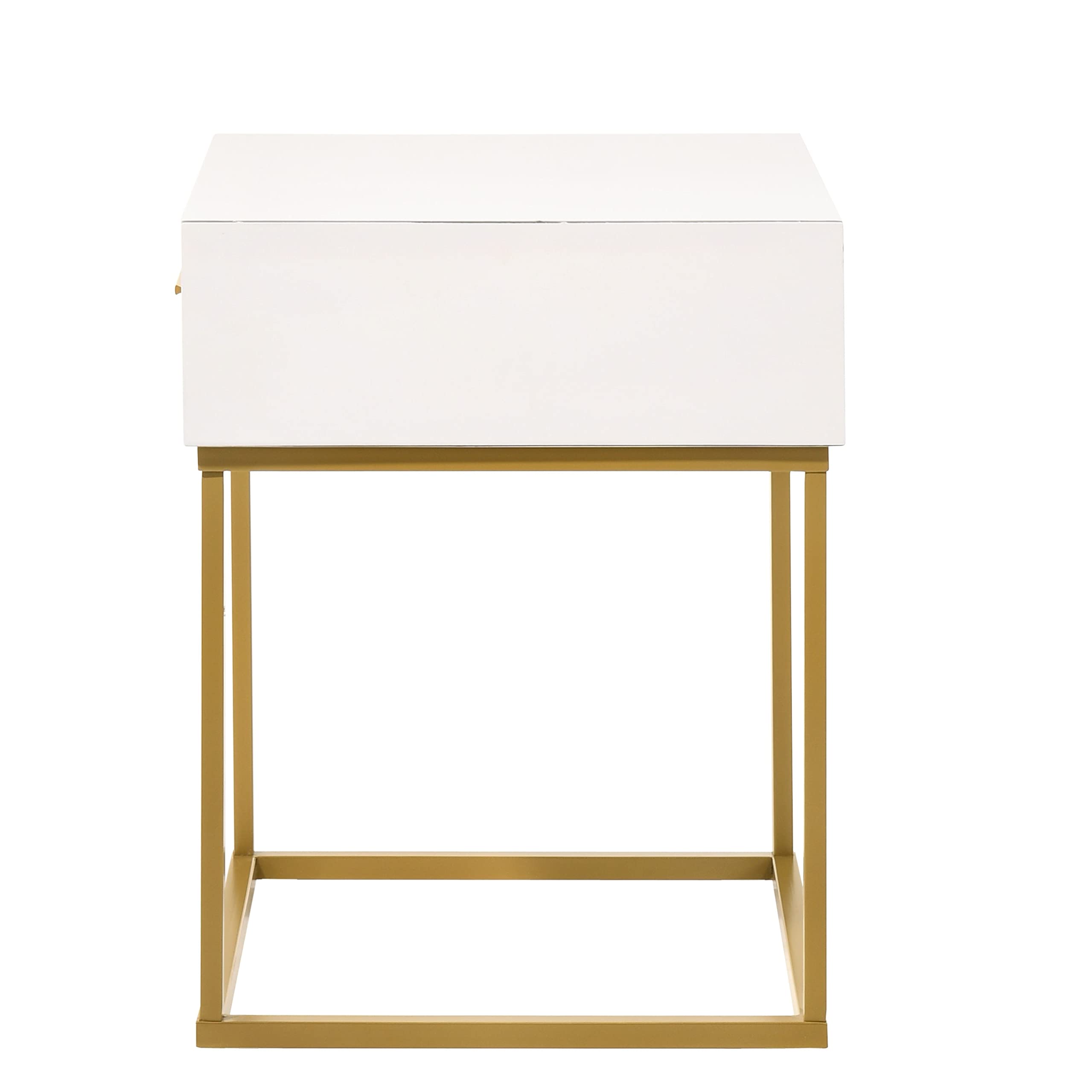 Modern White Nightstand with Gold Legs - Single Drawer Bedside Table for Bedroom, Living Room, or Office - Compact Storage Solution for Books, Lamps, and Essentials
