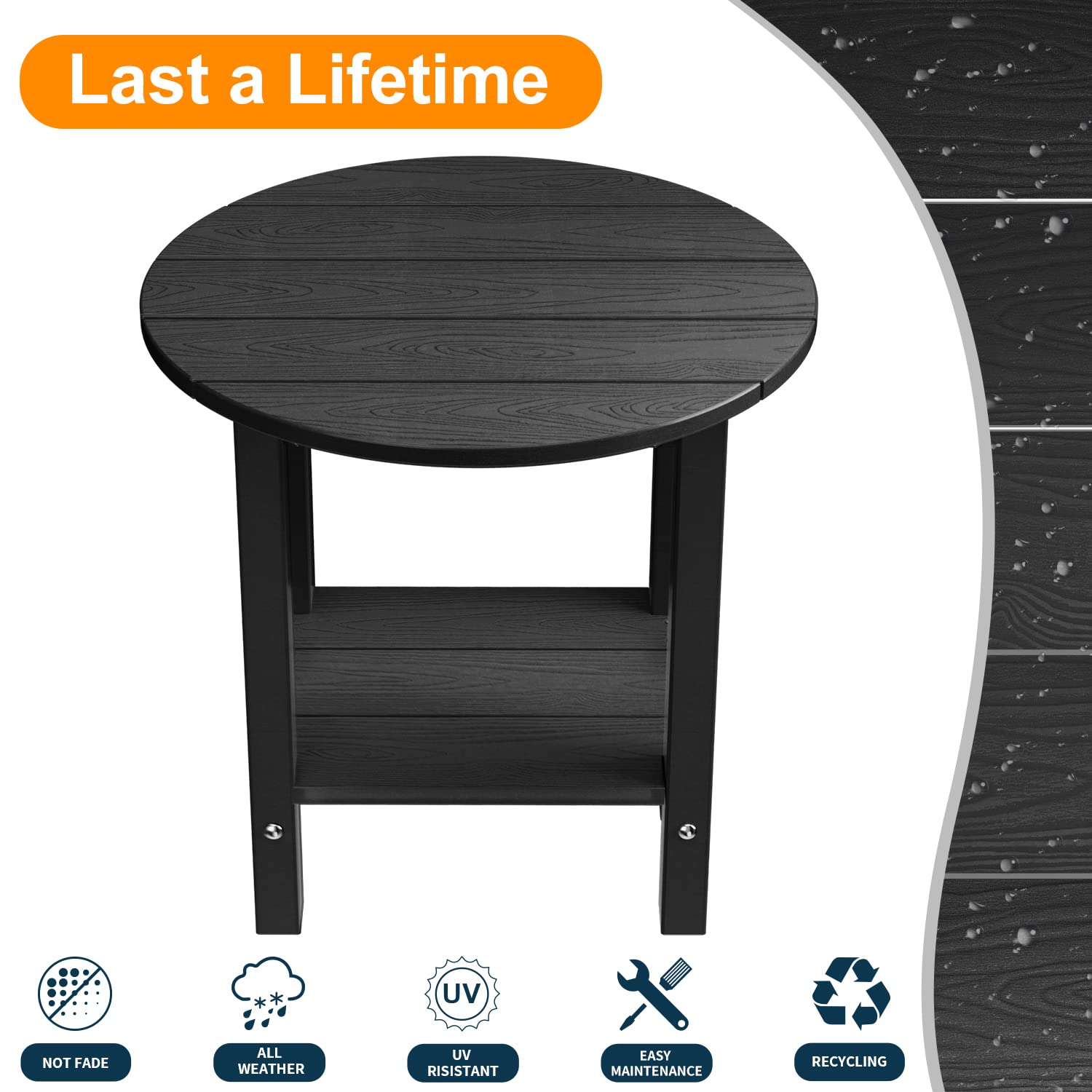 MXIMU 18 Inch Round Outdoor Side Table with Storage Shelf - 2-Tier Plastic Patio End Table for Balcony, Backyard, Lawn - Durable Adirondack Chairside Table (Black, 1 Pack) - Perfect for Outdoor Relaxation, Coffee Time & Garden Decor