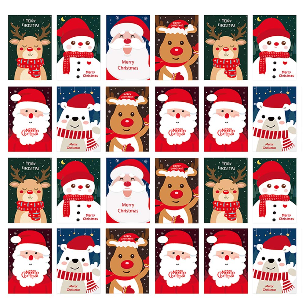 DOITOOL 24Pcs Merry Christmas Holiday Greeting Cards Set - Cute Cartoon Xmas Cards with Blessing Messages for Family & Friends - Perfect for Holiday Parties, Gift Exchanges & Festive Decorations