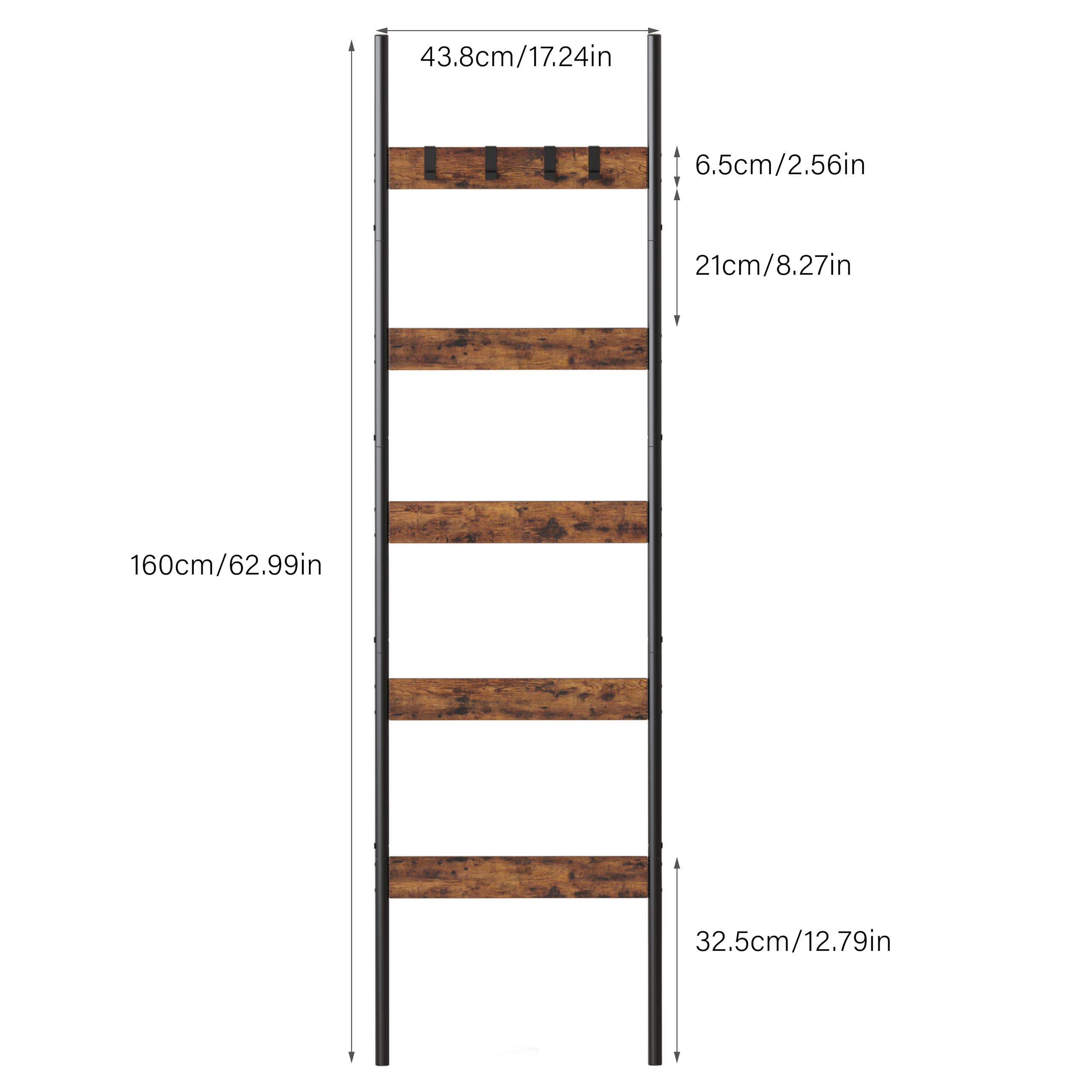 5-Tier Wooden Blanket Ladder with 4 Removable Hooks - Rustic Brown Farmhouse Wall Leaning Towel Rack - Decorative Shelf for Quilts, Blankets & Towels - Perfect for Living Room, Bedroom & Bathroom Organization