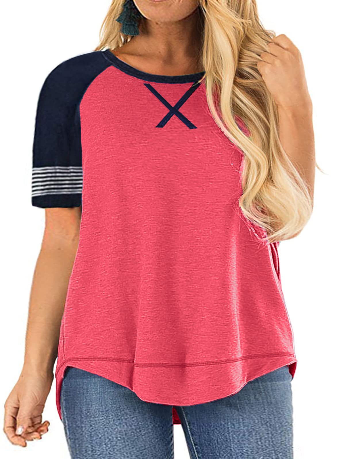 LANREMON Women's Plus Size Casual Short Sleeve Tunic Top with Pockets - Round Neck Loose Fit Shirt for Work, Travel & Everyday Wear