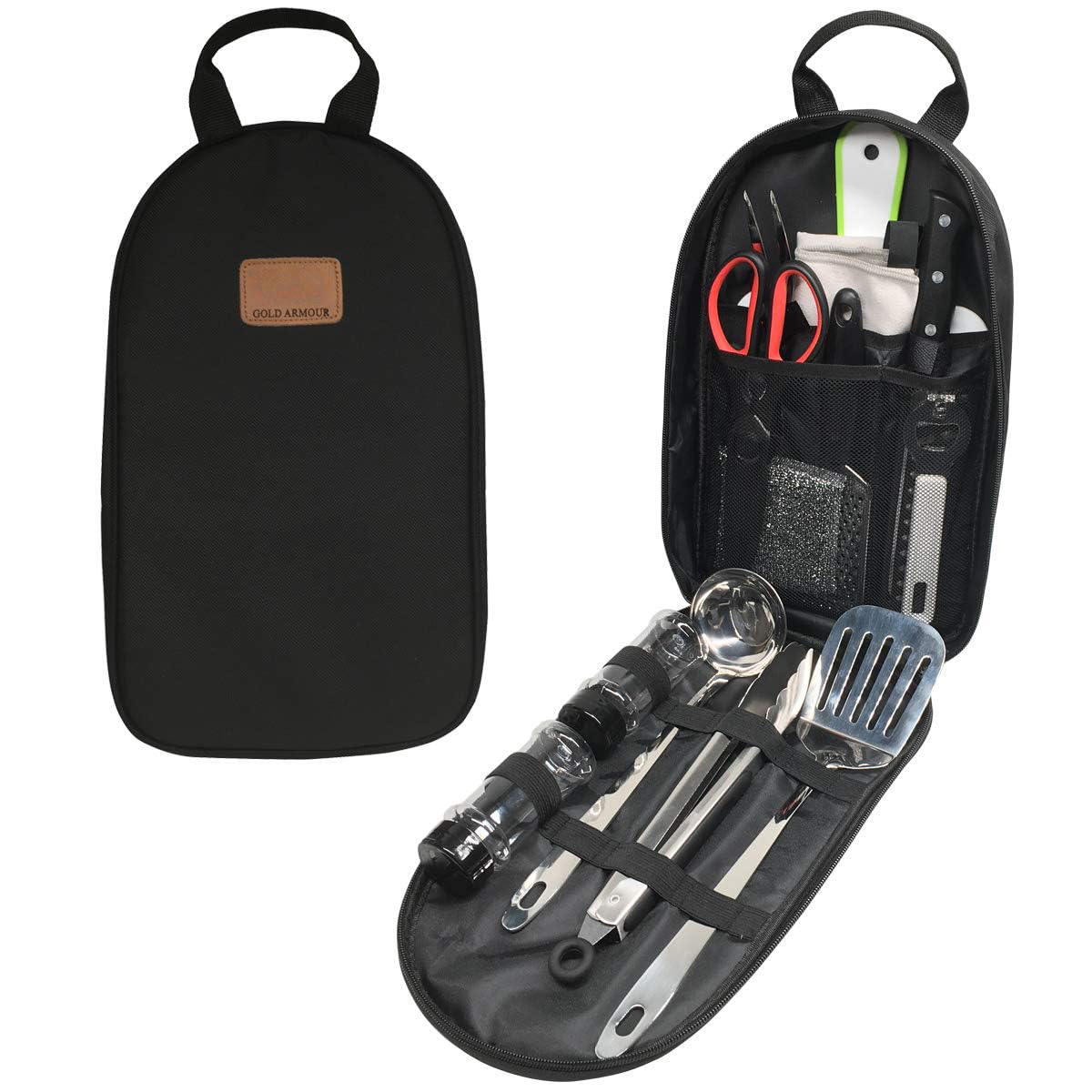 Portable Camping Kitchen Utensil Set - Stainless Steel BBQ Cookware Organizer with Cutting Board, Tongs, Scissors, Knife, Ladle & Spatula | Compact Travel Cookware Kit for Outdoor Camping, Picnics & RV Trips