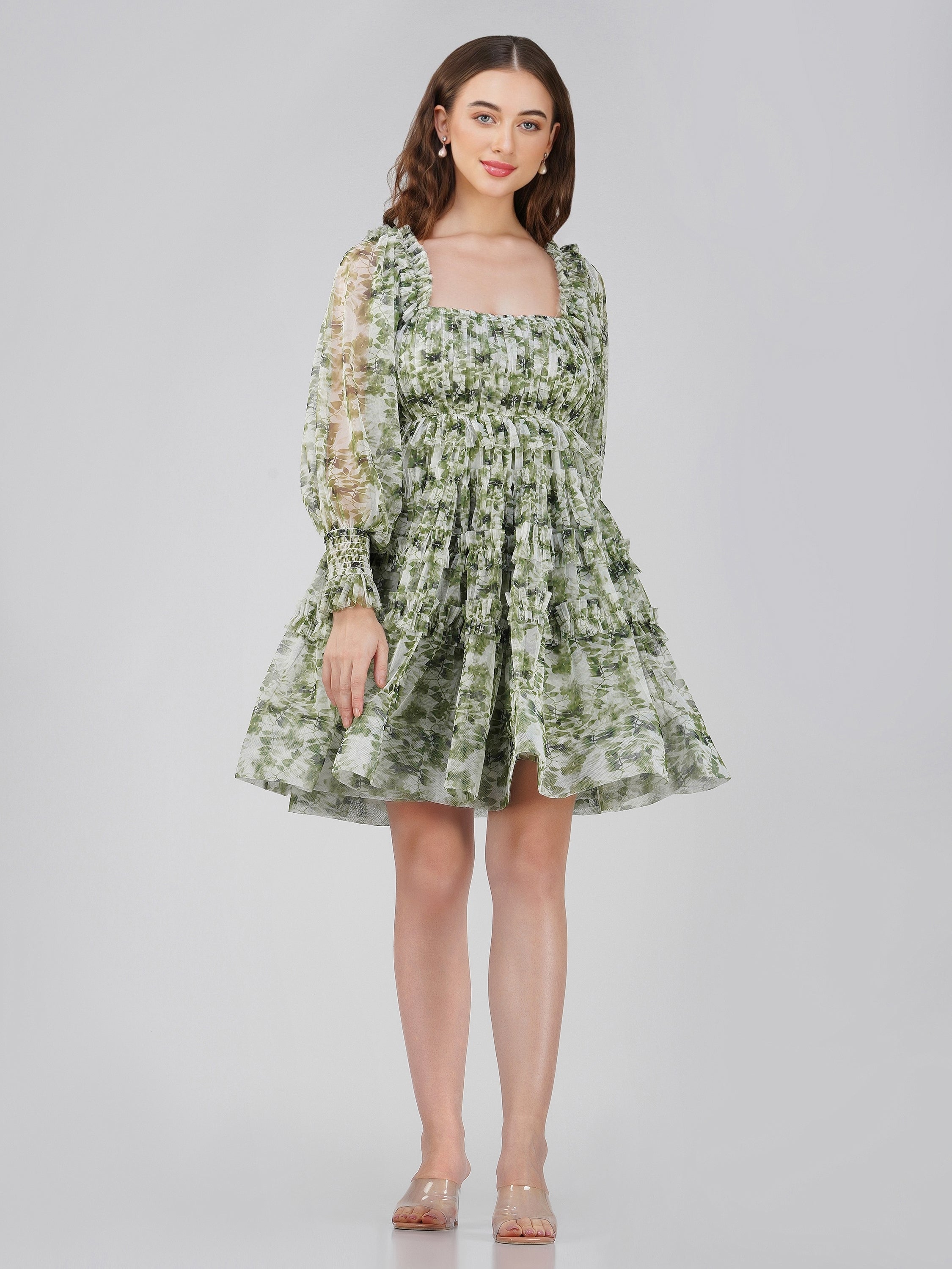 Elegant Petite Jessica Green Print Tulle Dress for Weddings & Special Occasions | Flowy A-Line Formal Gown