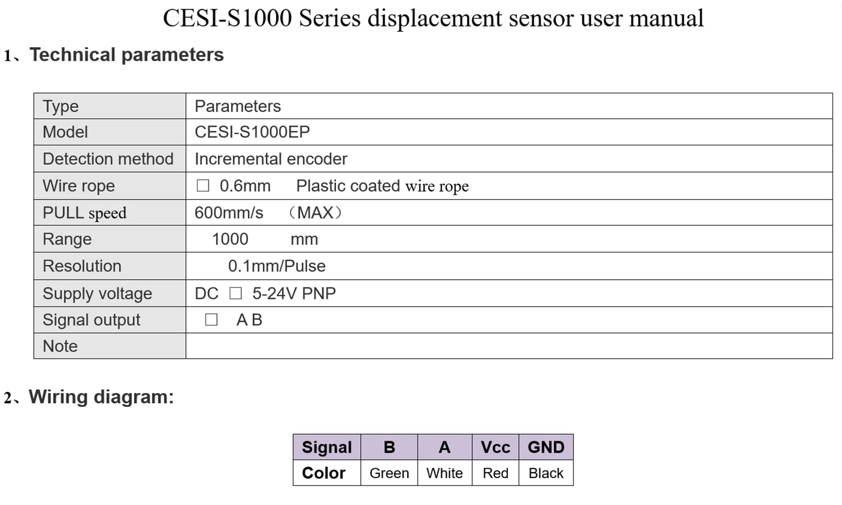 Economical 1000mm Draw Wire Displacement Linear Encoder Sensor AB Phase CESI-S1000E (0-1000mm Measuring Range, PNP Output) - Perfect for Industrial Automation, CNC Machines, and Robotics Applications