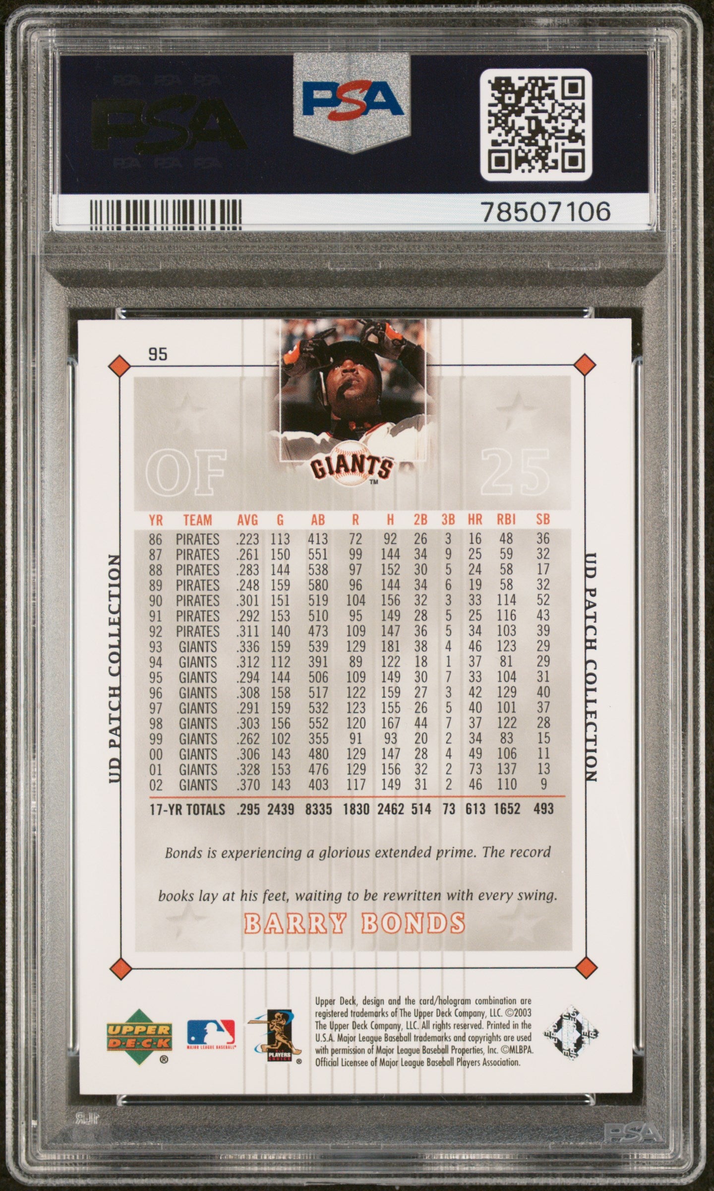 2003 Upper Deck Patch Collection Barry Bonds #95 PSA 10 Gem Mint - Rare Baseball Trading Card for Collectors & Sports Memorabilia Enthusiasts - Perfect for Display, Investment & Gifting