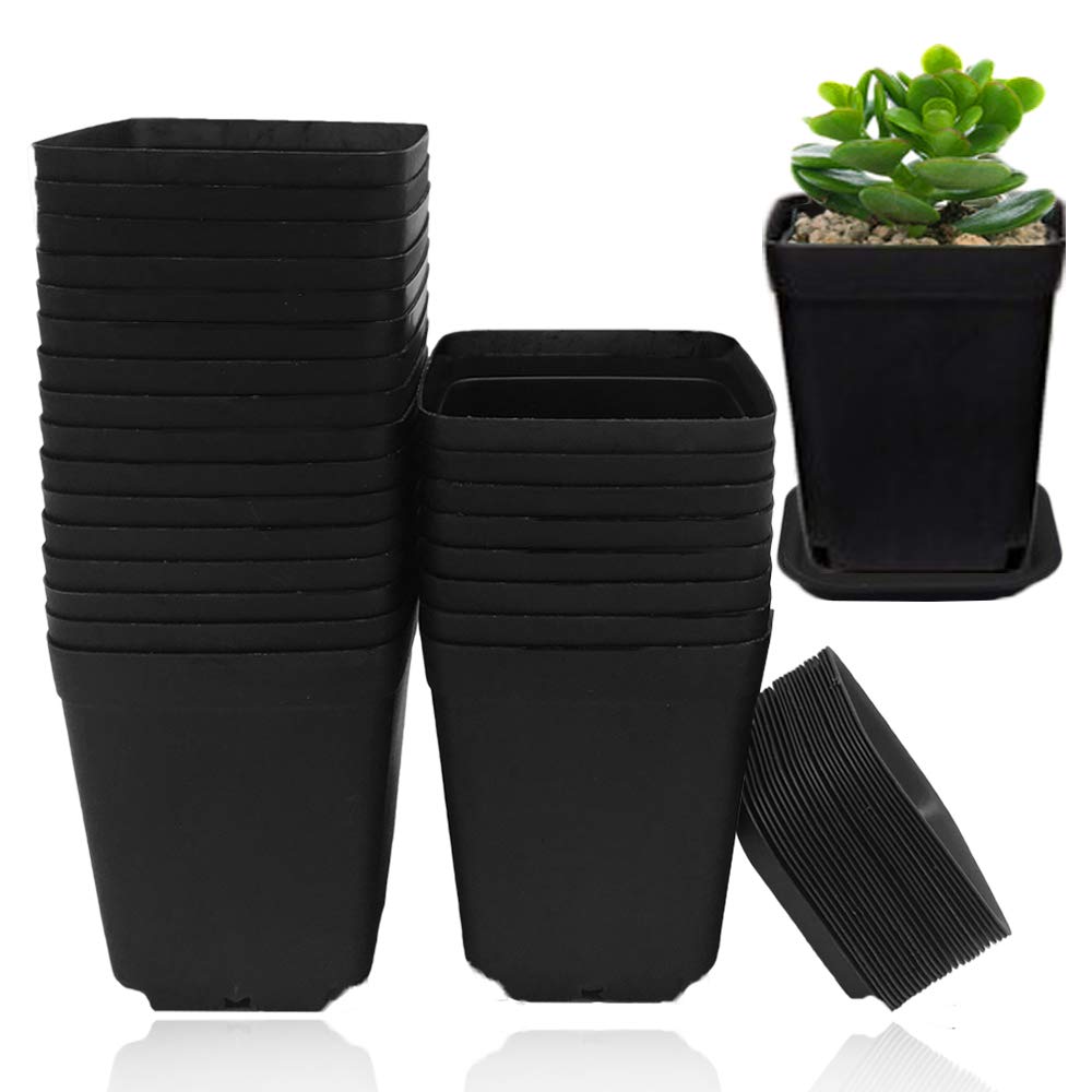 24 Pack 3 Inch Black Plastic Nursery Pots with Saucers - Square Plant Flower Pots for Indoor, Outdoor, Garden, Office & Balcony Decor | Perfect for Seed Starting, Plant Propagation & Home Gardening