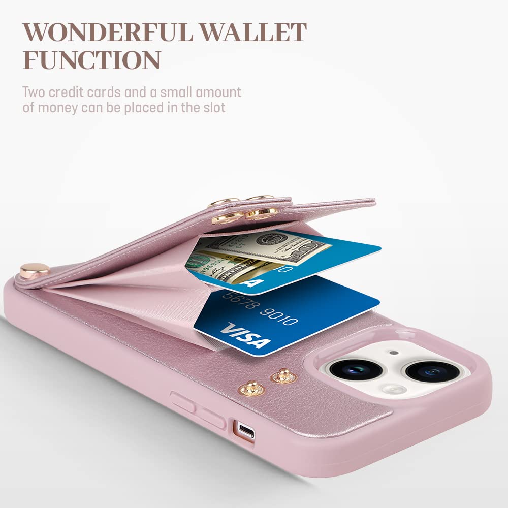 LAMEEKU Wallet Case for iPhone 13 (6.1 Inch 2021) - RFID Blocking Leather Cover with Card Holder, 360° Rotating Ring Kickstand & Protective Bumper - Rose Gold | Perfect for Hands-Free Viewing, Secure Card Storage & Everyday Protection