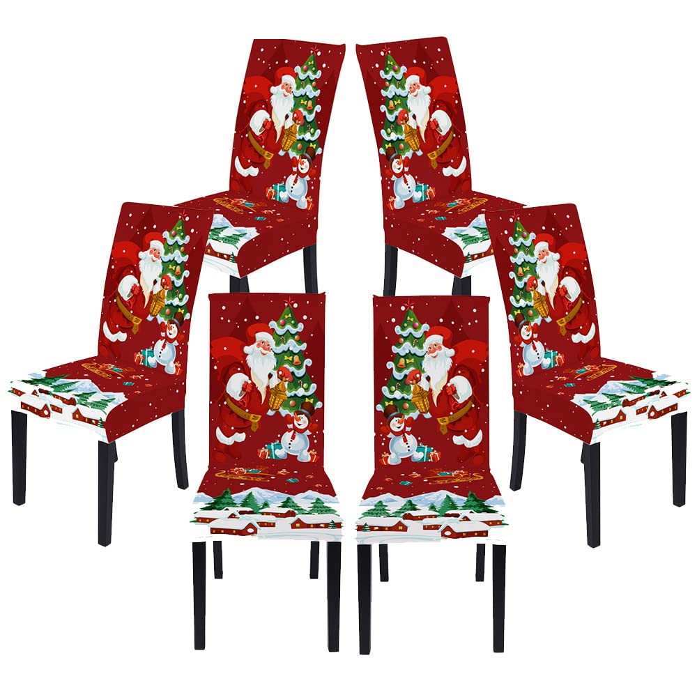 LIPOR Set of 6 Stretchable Christmas Dining Chair Slipcovers - Santa Claus & Christmas Tree Print Washable Parsons Chair Covers for Holiday Decor - Perfect for Home, Kitchen & Restaurant Use During Christmas Season