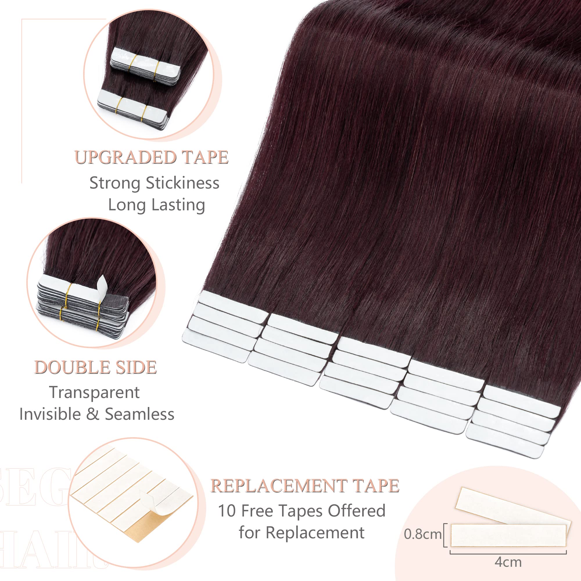 SEGO 20 Inch Tape In Hair Extensions 40pcs 100g - Wine Red Ombre 100% Remy Human Hair with Balayage Rooted - Invisible Seamless Skin Weft Double Side Tape for Women - Perfect for Parties, Weddings & Daily Styling