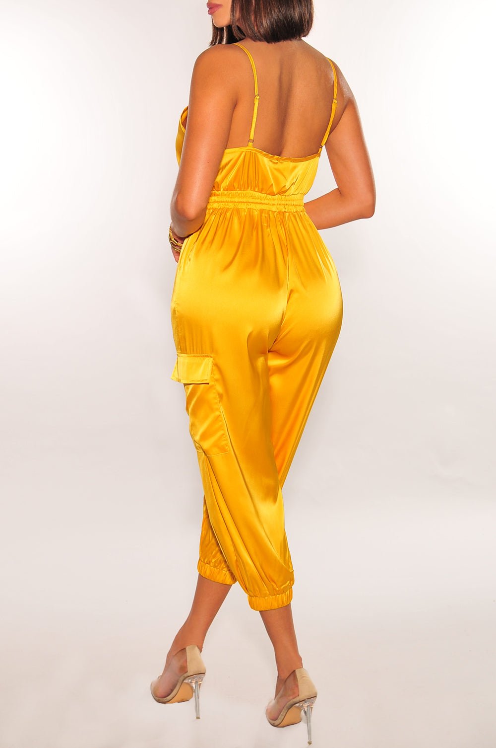 Elegant Yellow Gold Satin Spaghetti Strap Bodycon Jumpsuit for Women - Perfect for Evening Parties, Date Nights & Special Occasions