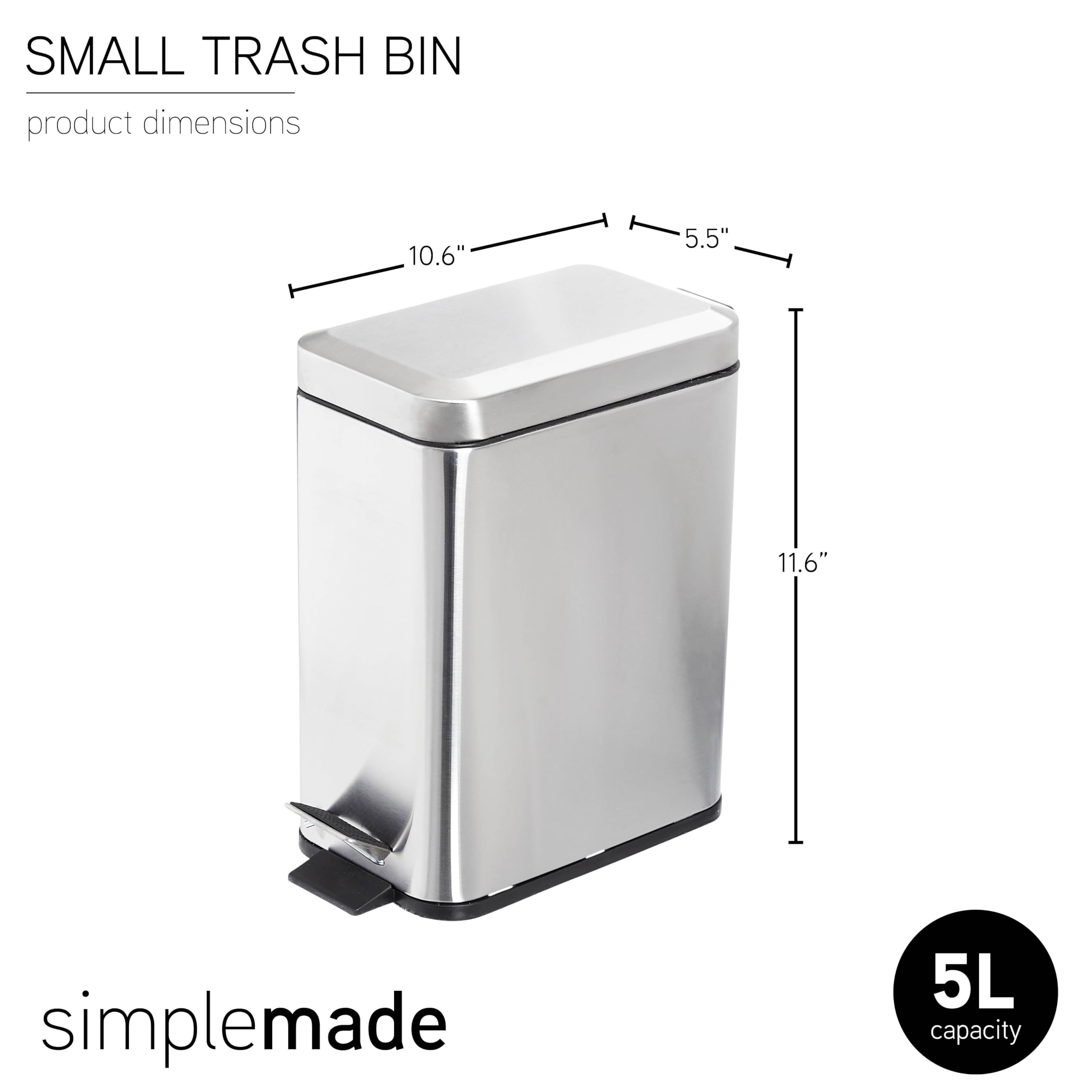 SIMPLEMADE 5L Round Step Trash Can with Lid - Stainless Steel Bathroom Waste Bin for Bathroom, Kitchen, Office - Small Metal Trash Can, Galvanized Steel Wastebasket (1.3 Gallon) - Perfect for Home, Dorm & Commercial Use