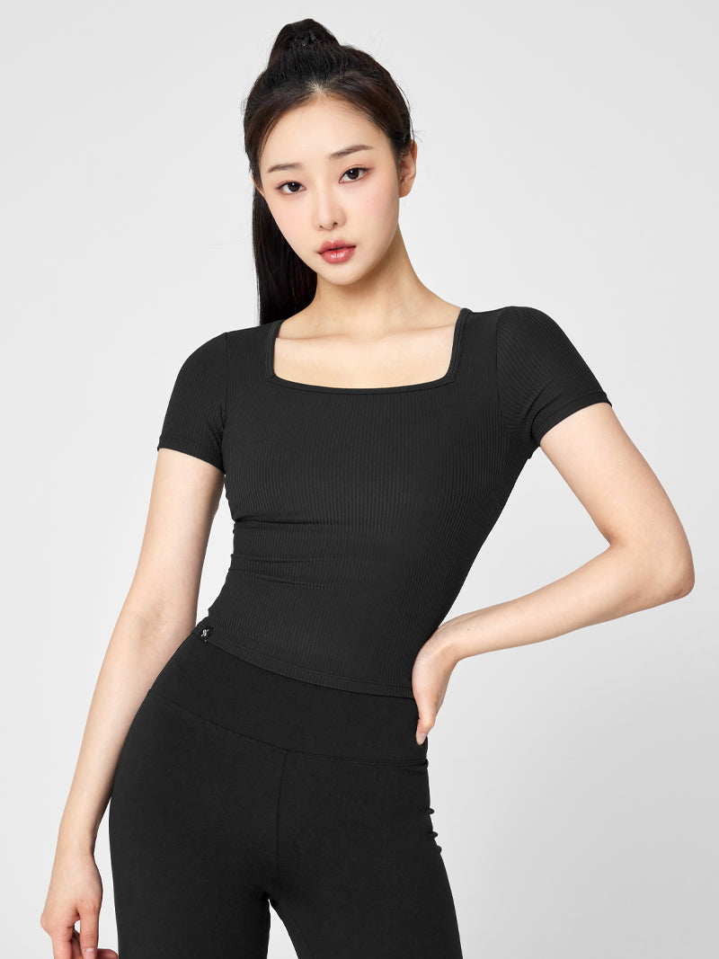 Soft Ribbed Square Neck Top for Women - Comfortable Stretch Knit T-Shirt - Perfect for Casual Wear, Layering & Everyday Outfits