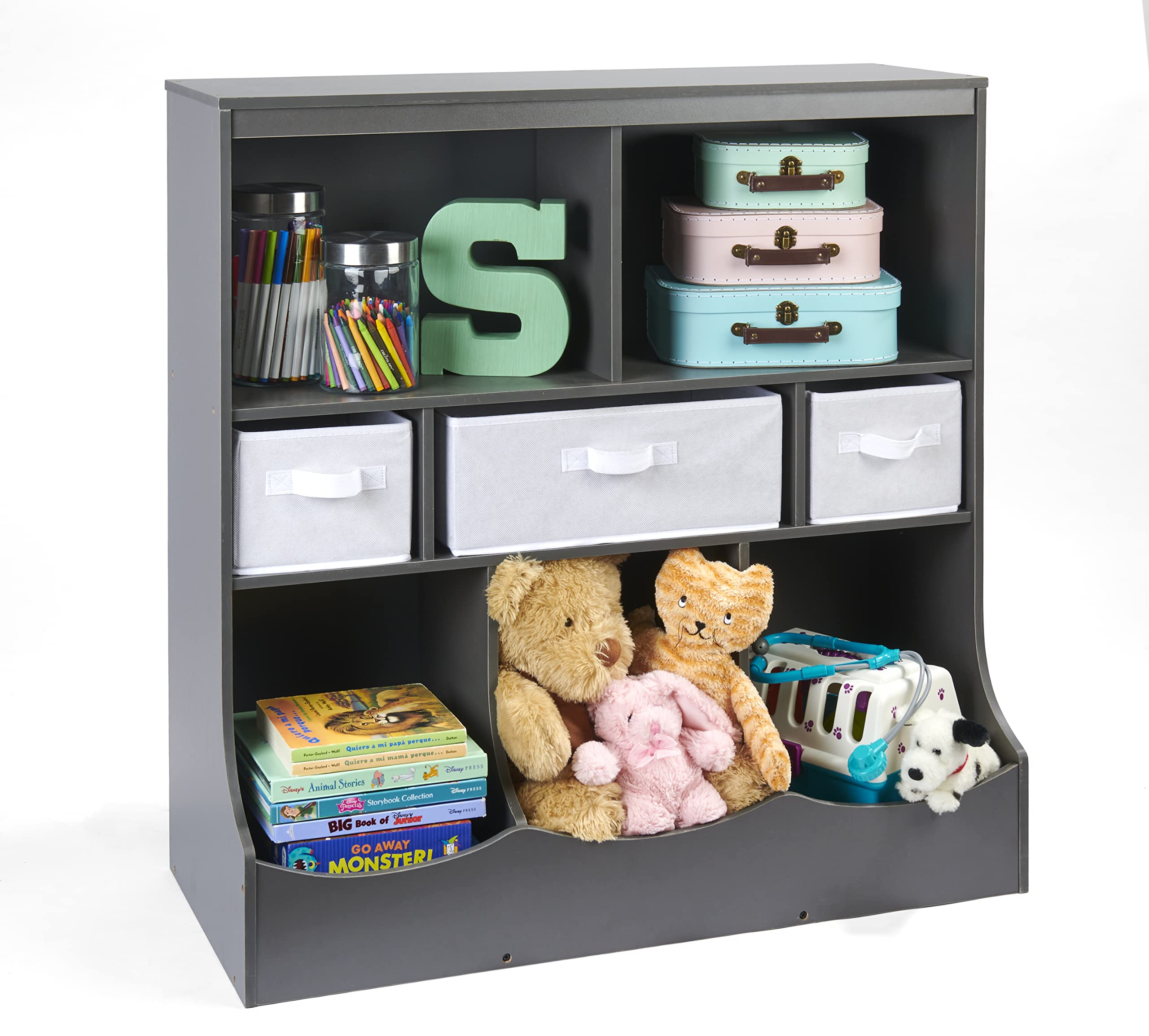 Badger Basket Kids Toy Storage Organizer with 3 Bins & Bookshelf - Charcoal Gray | Space-Saving Nursery, Playroom & Classroom Organization Solution