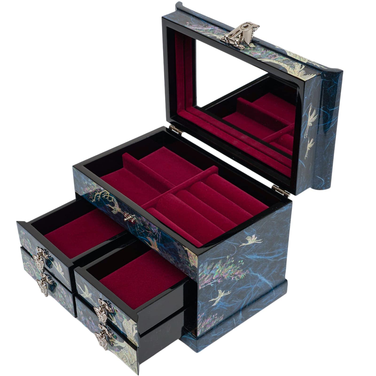 February Mountain Mother of Pearl Wooden Jewelry Organizer Box - Elegant Jewelry Storage with Spacious Drawers for Rings, Bracelets, Necklaces & Watches | Perfect Gift for Women | Home Vanity & Travel Jewelry Case (Crane Blue)