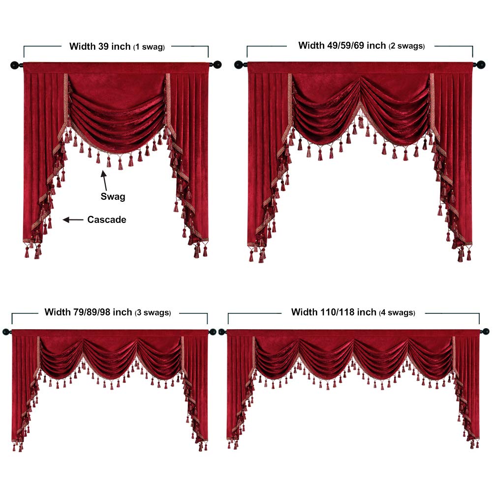 ELKCA Thick Chenille Window Curtain Valance with Tassels - Burgundy Red Waterfall Valance for Living Room, Festival & Holiday Decor (110 Inches Wide) - Perfect for Christmas, Thanksgiving & Home Decoration