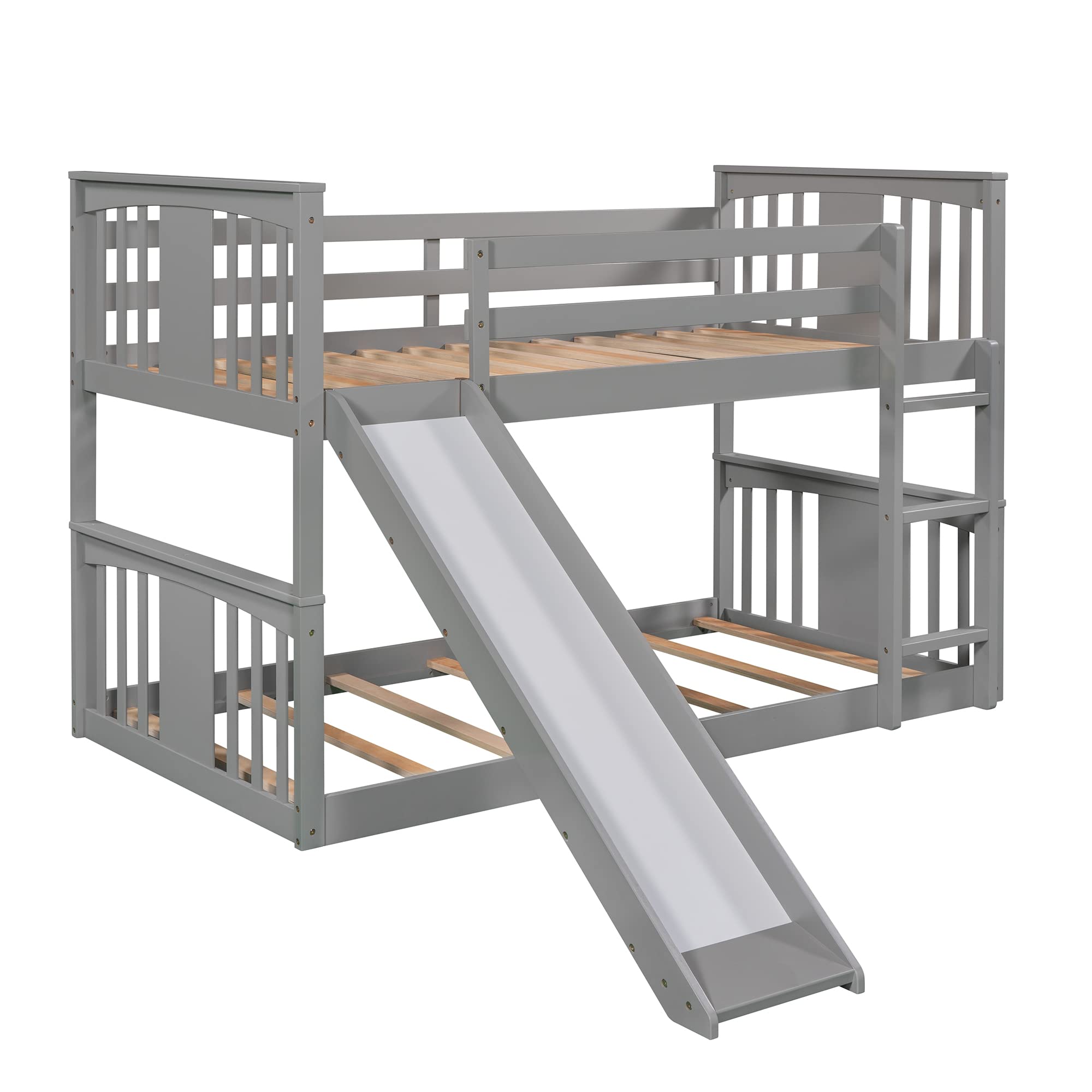 Montessori Twin Over Twin Bunk Bed with Slide & Ladder - Low Profile Kids Bunk Bed with Safety Guardrail, Headboard & Footboard - Gray Bunk Bed for Boys & Girls - Perfect for Small Bedrooms, Playrooms & Montessori Learning Spaces