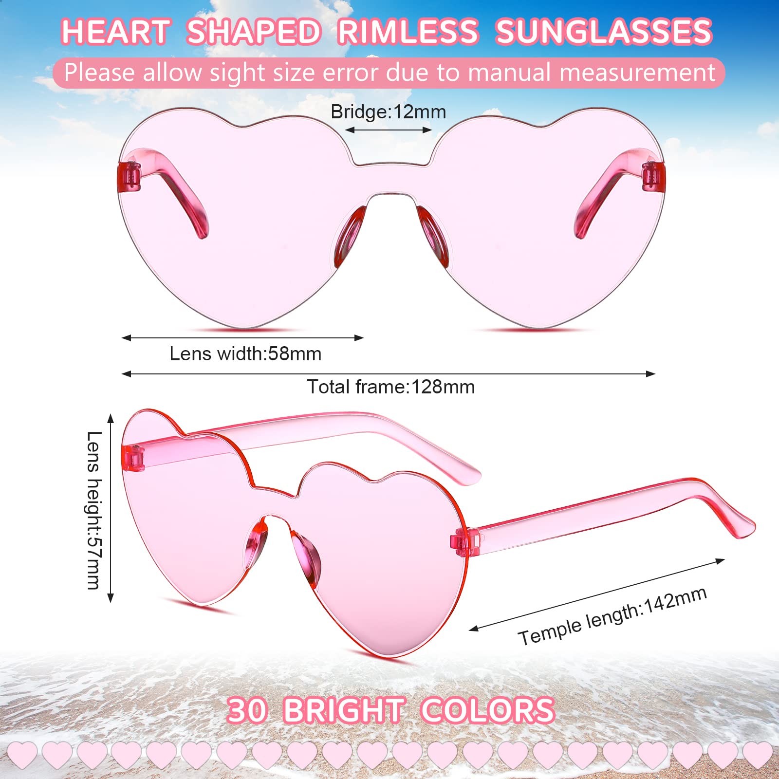 Flutesan 30 Pairs Heart Shaped Sunglasses Bulk - Rimless Candy Color Party Eyewear for Women & Men - Perfect for Valentine's Day, Bachelorette Parties, and Summer Festivals