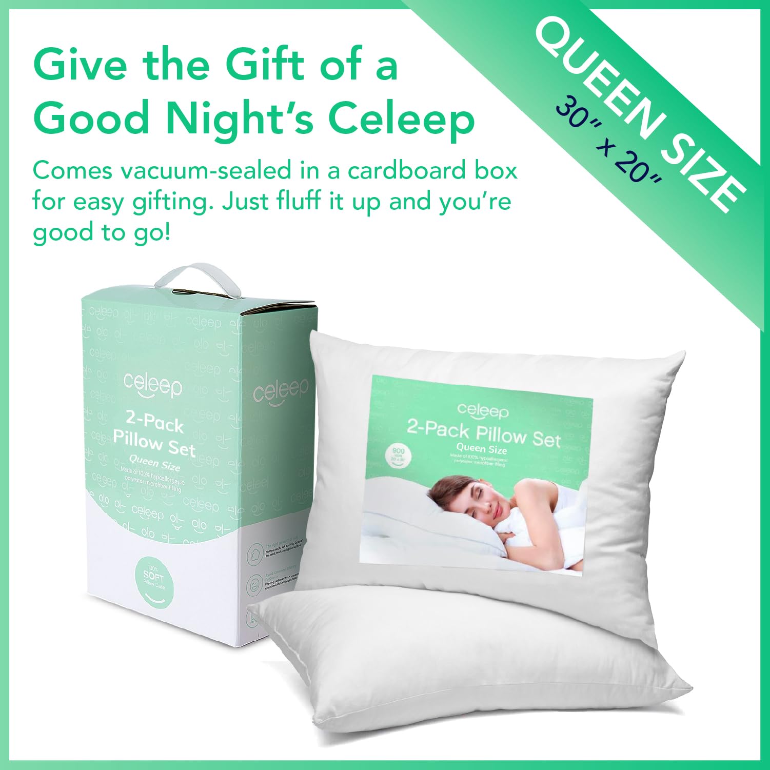 Celeep Bed Pillows (2 Pack) - Queen Size Hotel Quality Pillows for Side, Back & Stomach Sleepers - Soft Microfiber Filling - Supportive Sleeping Pillows for Bedroom, Guest Room & Travel (Queen)