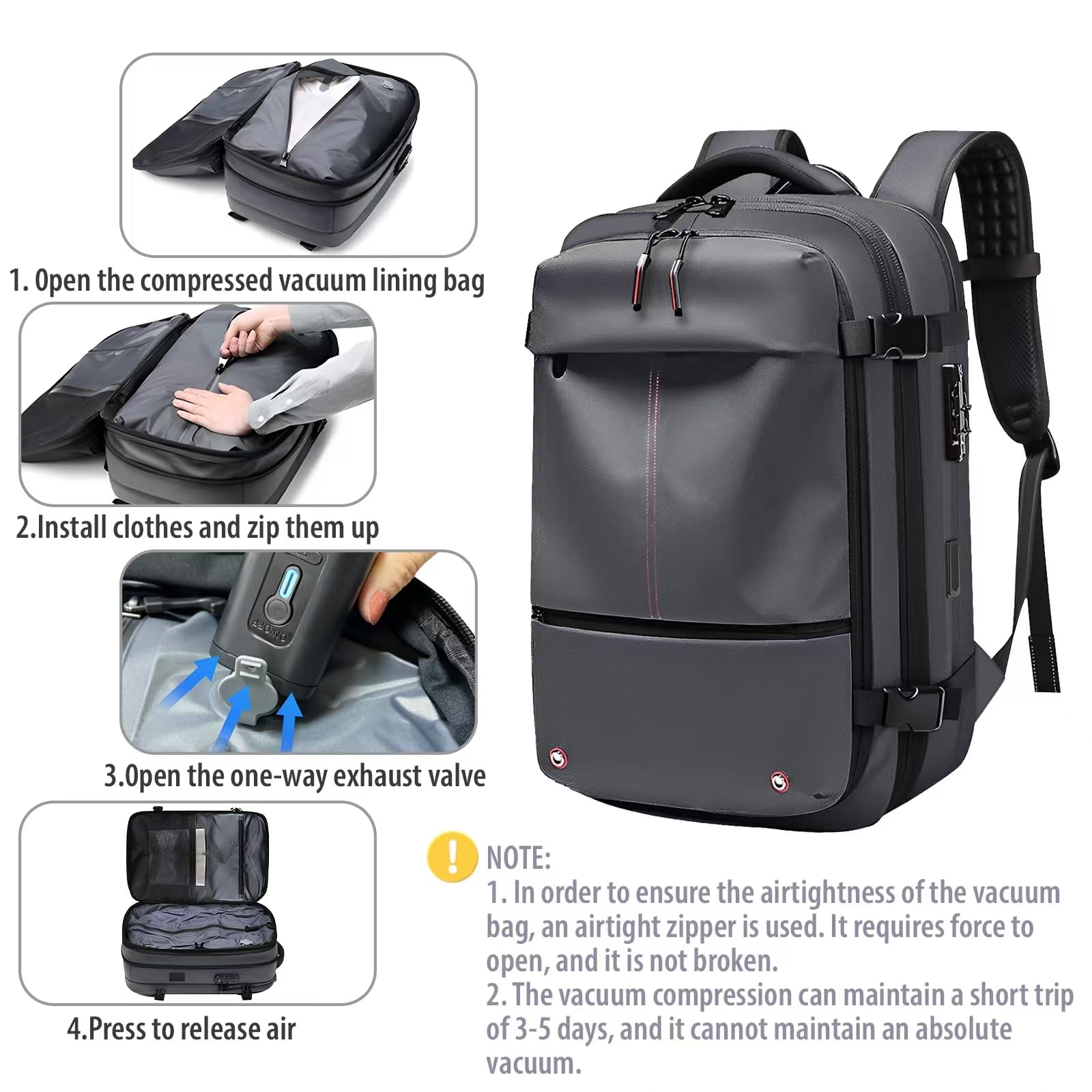 Airpack Backpack with USB Charging Port & Removable Vacuum Bag - Travel Laptop Backpack with Compression System, Built-in Lock & Air Pump for Business Trips, Vacations & Outdoor Adventures