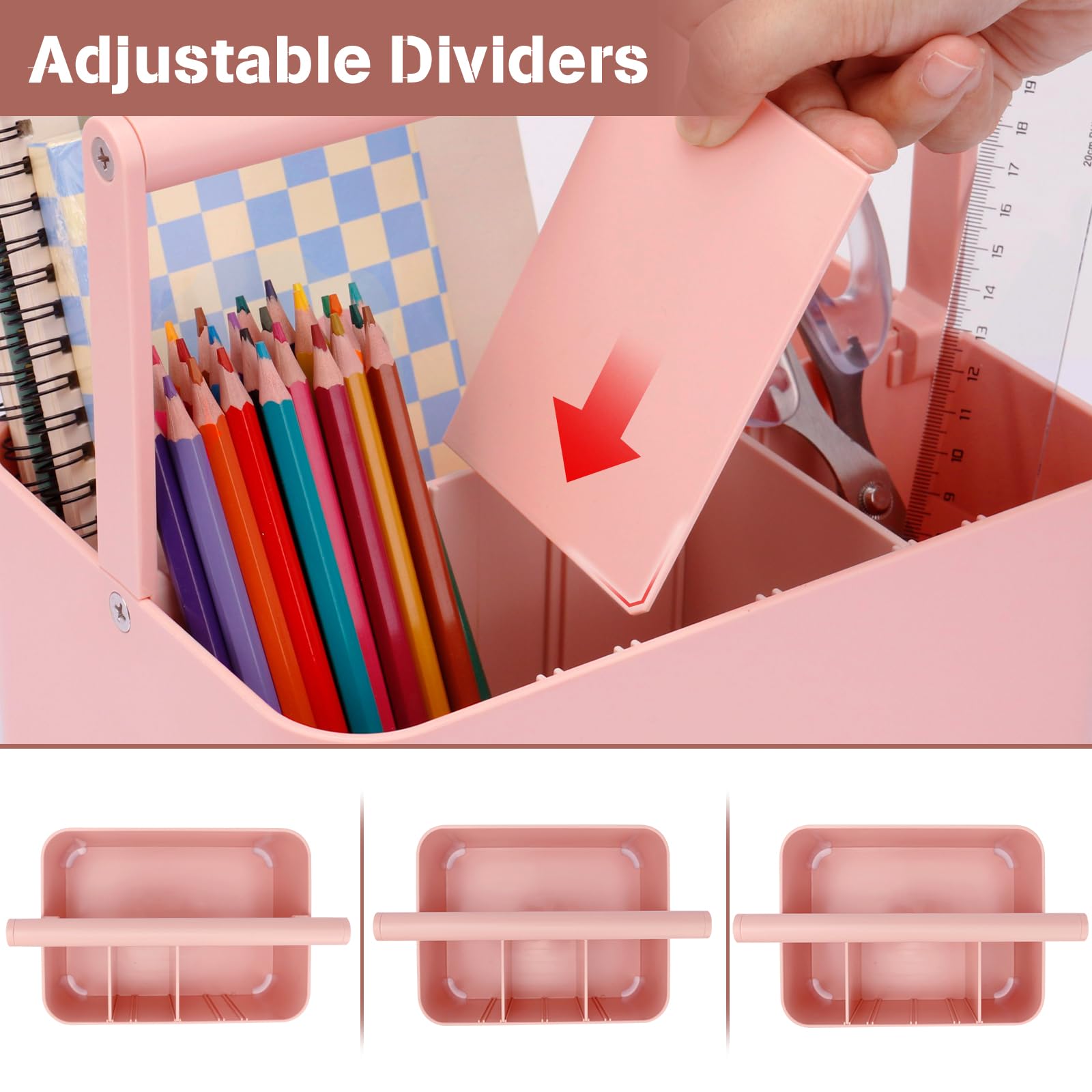 Multipurpose Caddy Organizer with Handle & Adjustable Divider - Portable Storage for Art Supplies, Crafts, Office, Bathroom & Makeup | Ideal for Dorm, Classroom, Cleaning & Shower Organization (Pink)