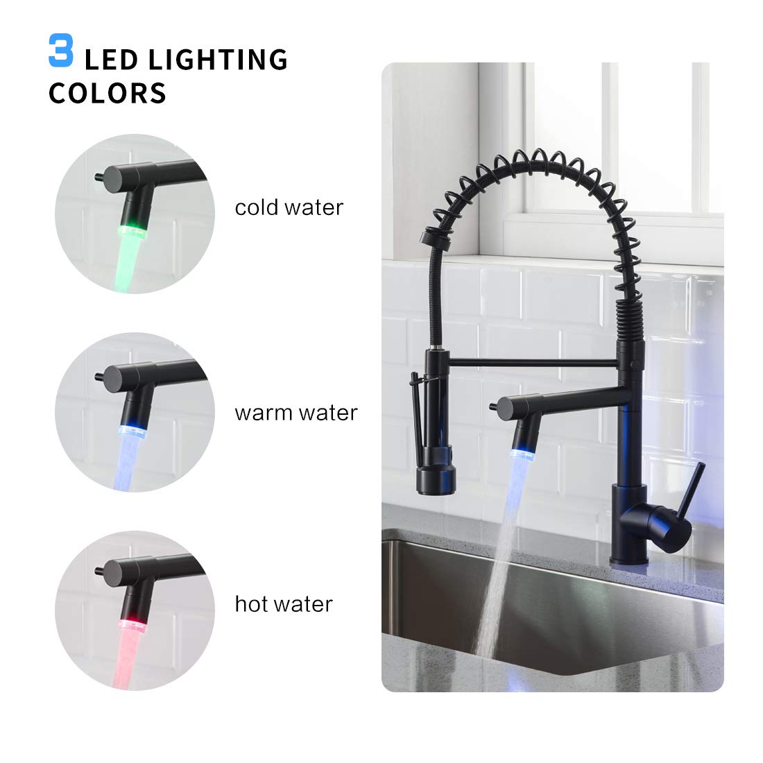 Commercial Black Kitchen Faucet with Pull Down Sprayer & LED Light - Single Handle High Arc Brushed Nickel Sink Faucet for Restaurant, Bar, and Home Kitchen Use