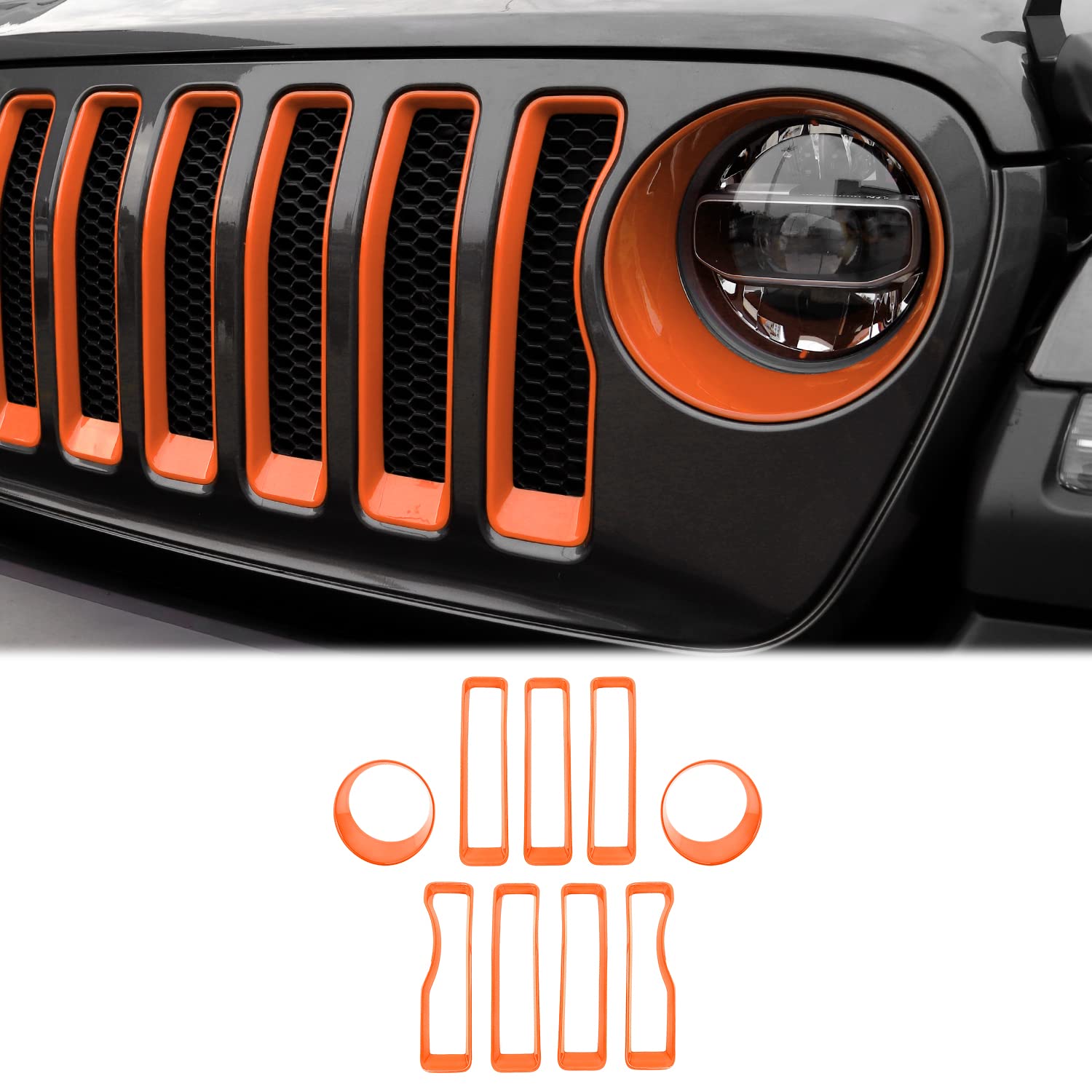 CheroCar JL Mesh Grille Grill Insert & Headlight Turn Signal Cover Trim - Exterior Accessories for Jeep Wrangler JL (2018-2022) - Orange | Off-Road Upgrade & Stylish Protection for Jeep Wrangler Adventures