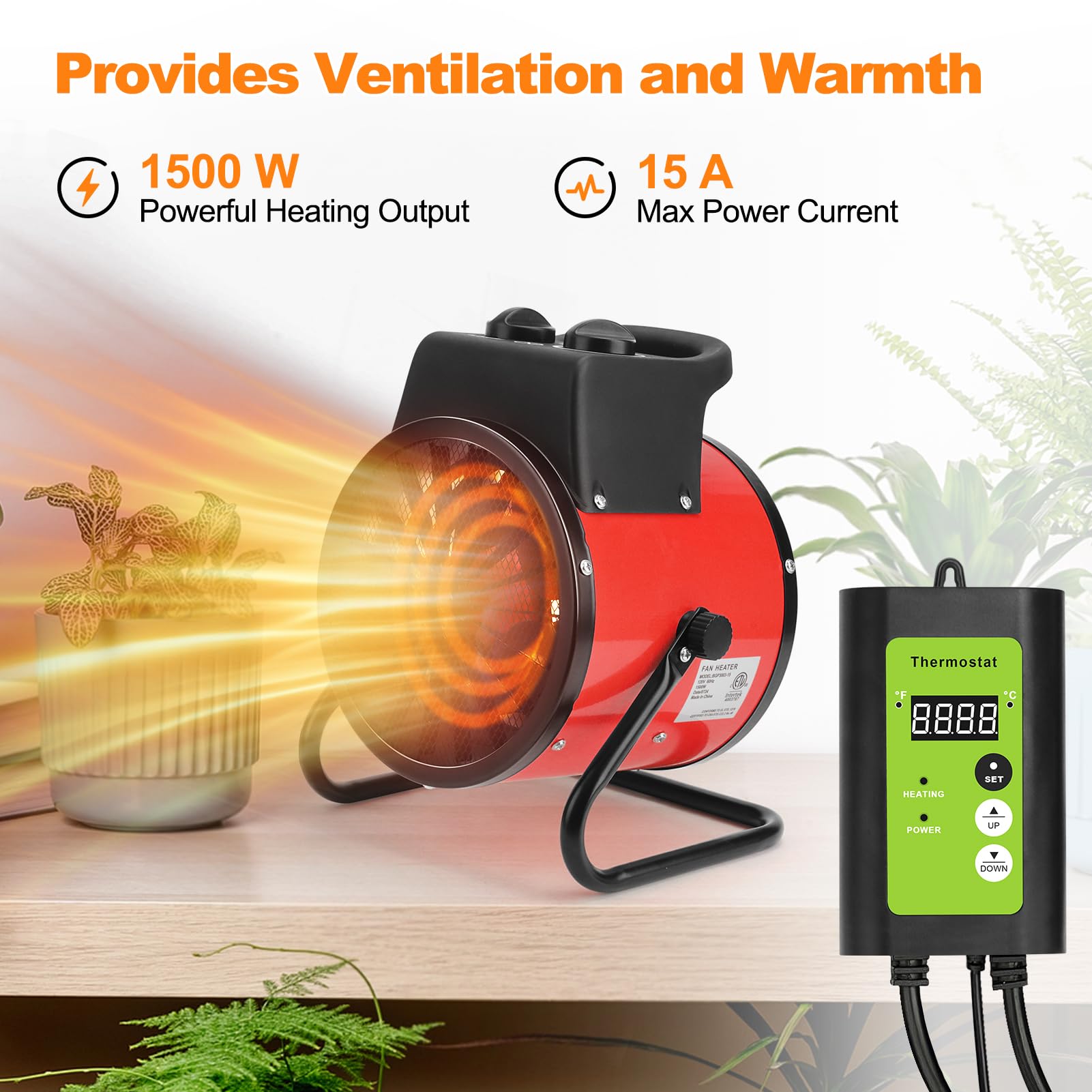 Digital Thermostat Greenhouse Heater - 1500W Fast Heating Grow Tent Heater with Overheat Protection, Perfect for Greenhouses, Garages, Flower Rooms & Outdoor Patios - Ideal for Winter Plant Growth & Space Heating