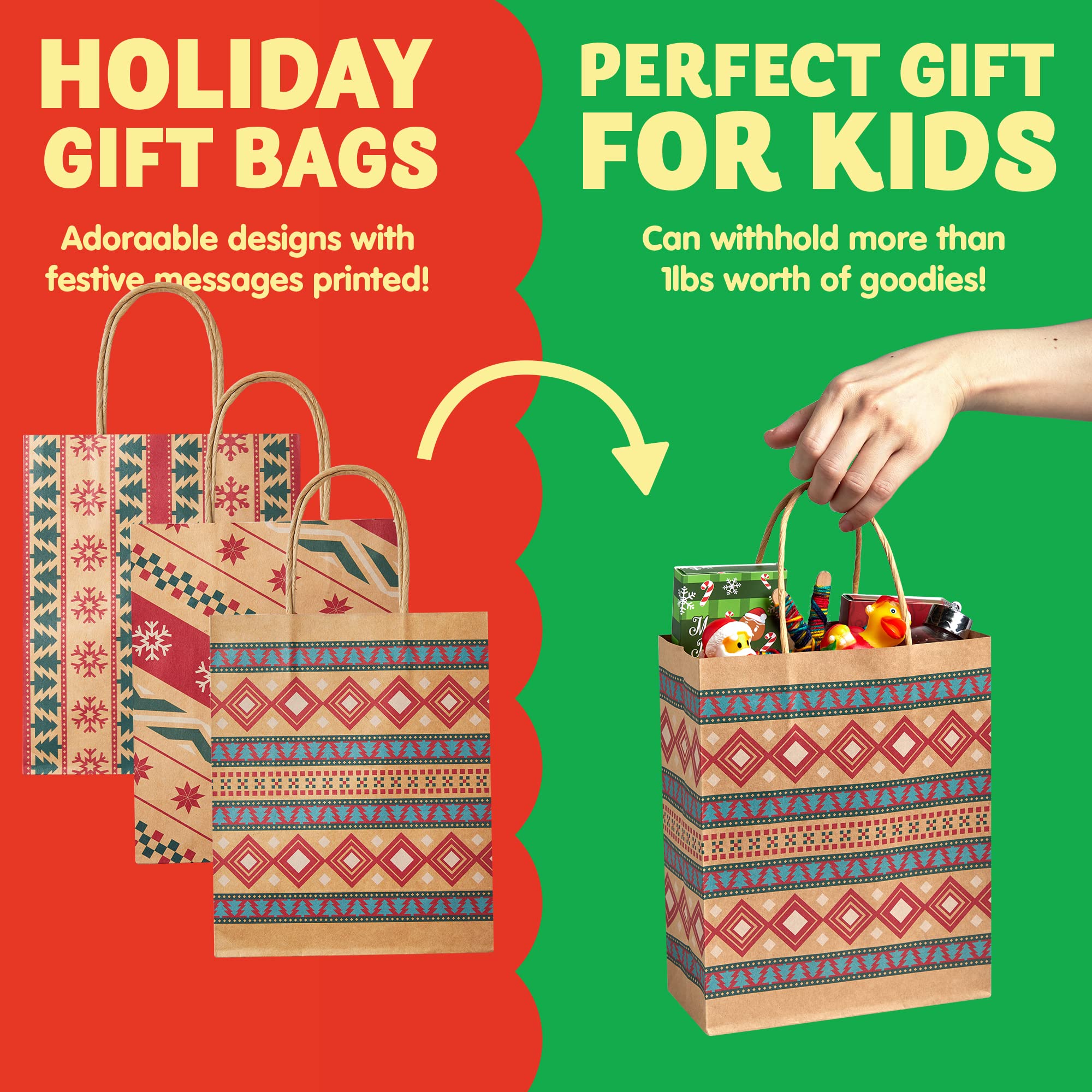 JOYIN 24 Pack Christmas Kraft Gift Bags - Eco-Friendly Holiday Party Favors, Xmas Goodie Bags for Classroom, Office, Secret Santa & Family Gifts (9