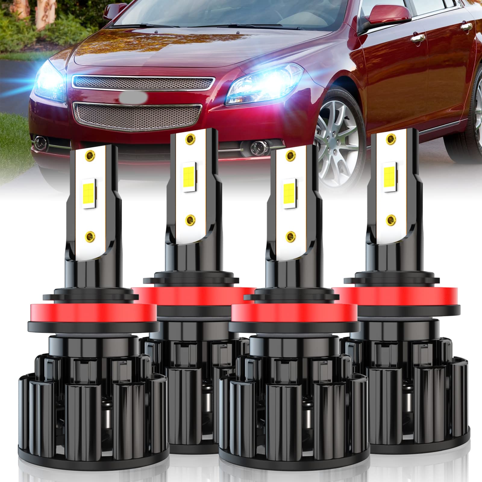 2008-2012 Chevy Malibu LTZ LED Headlight Bulbs - H11 High/Low Beam Kit, 60W 10000LM 8000K Ice Blue Super Bright H8 H9 LED Bulbs with CSP Technology (Pack of 4) - Perfect for Night Driving & Enhanced Visibility