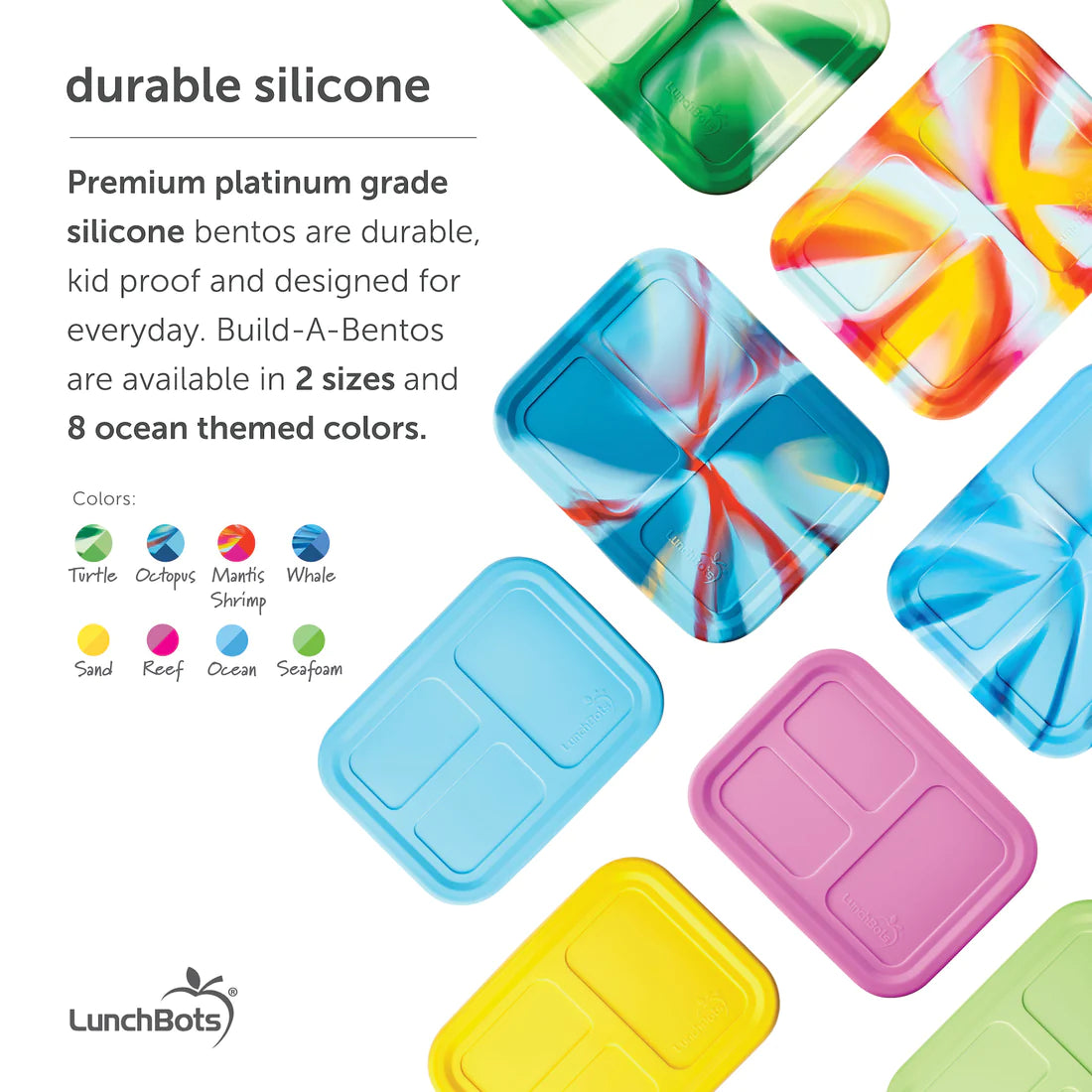 LunchBots Build A Bento Large Platinum Silicone Bento Box - Eco-Friendly Food Container for Adults & Kids - Perfect for School, Work, Picnics & Travel