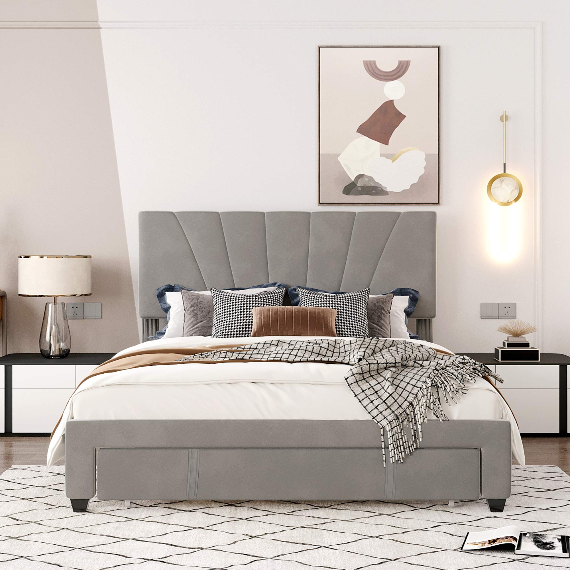 Queen Size Velvet Upholstered Storage Platform Bed with Large Drawer, Headboard & Reinforced Wooden Slats - Easy Assembly, No Box Spring Required (Gray) | Modern Bedroom Furniture for Small Spaces & Guest Rooms