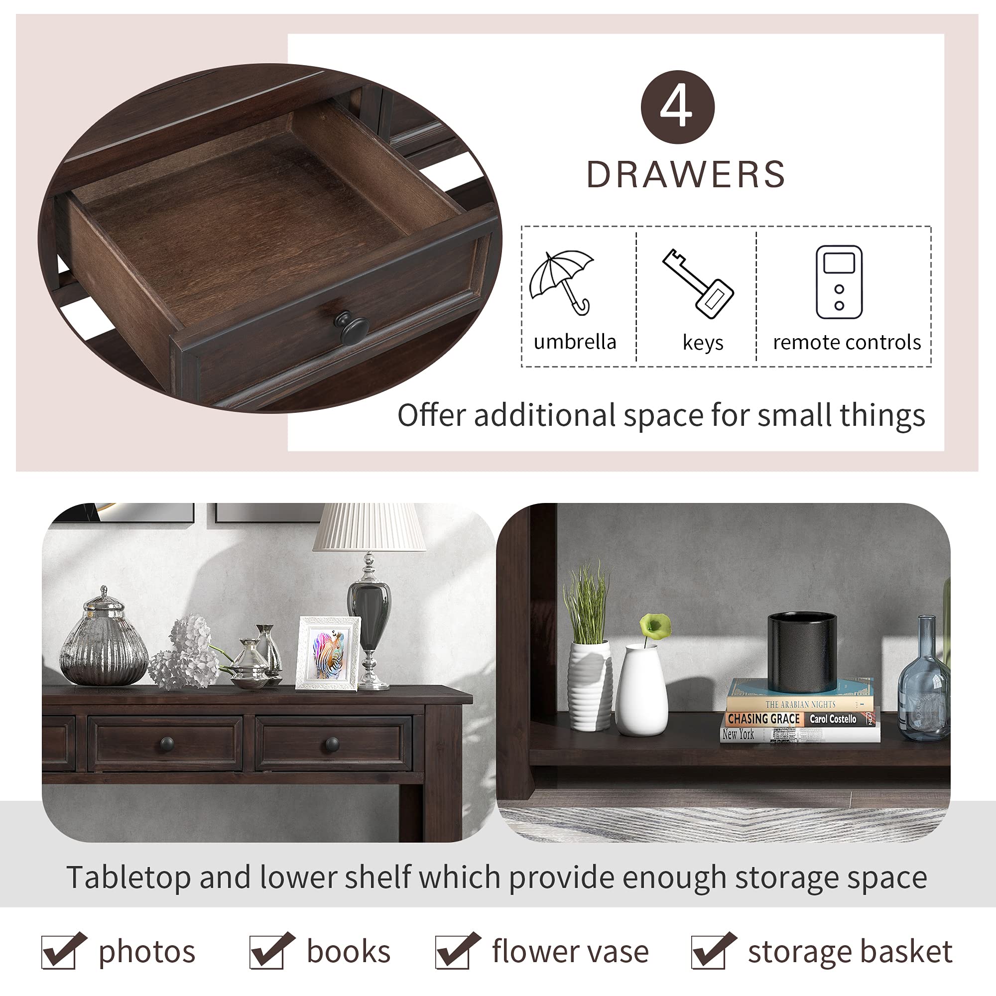 P PURLOVE Espresso Console Table with Storage Drawers & Bottom Shelf - Entryway Hallway Sofa Table for Living Room, Bedroom & Office Decor