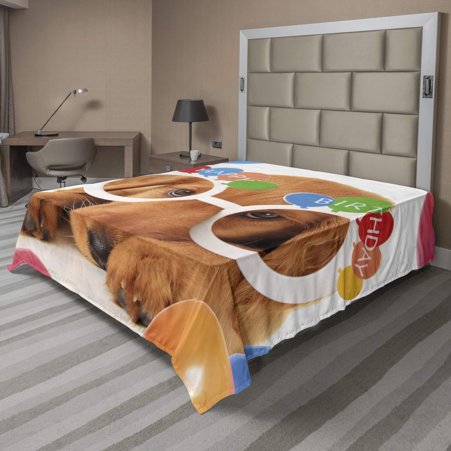 Ambesonne Birthday Party Queen Size Flat Sheet - Fun Puppy Dog with Golden Glasses & Balloons Design - Soft Decorative Top Bed Sheet for Celebrations - Perfect for Birthday Gifts, Themed Bedrooms & Party Decorations