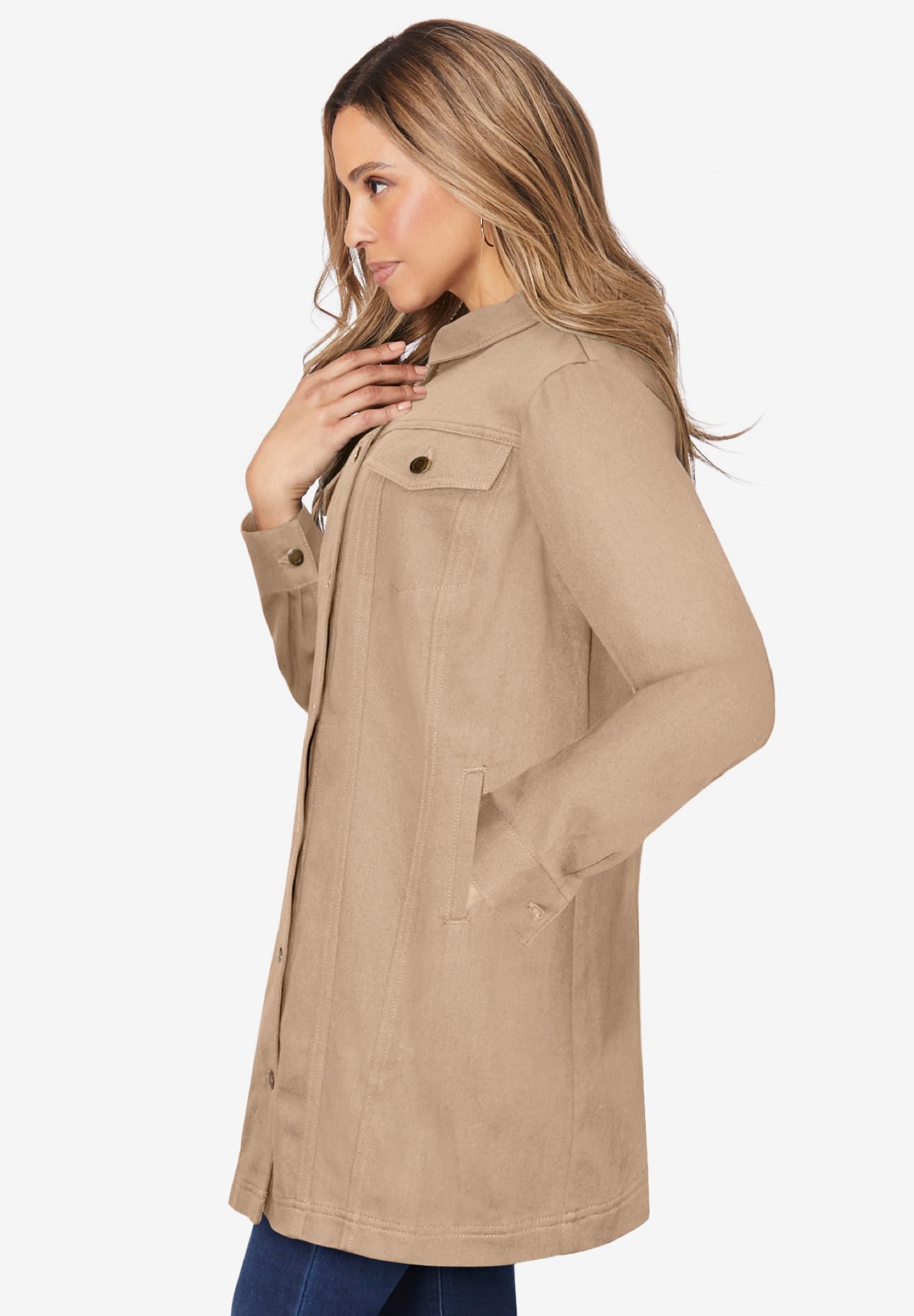 Jessica London Women's Plus Size Long Denim Jacket - Oversized Distressed Jean Coat for Casual Outfits & Layering | Perfect for Fall Fashion, Streetwear & Everyday Wear