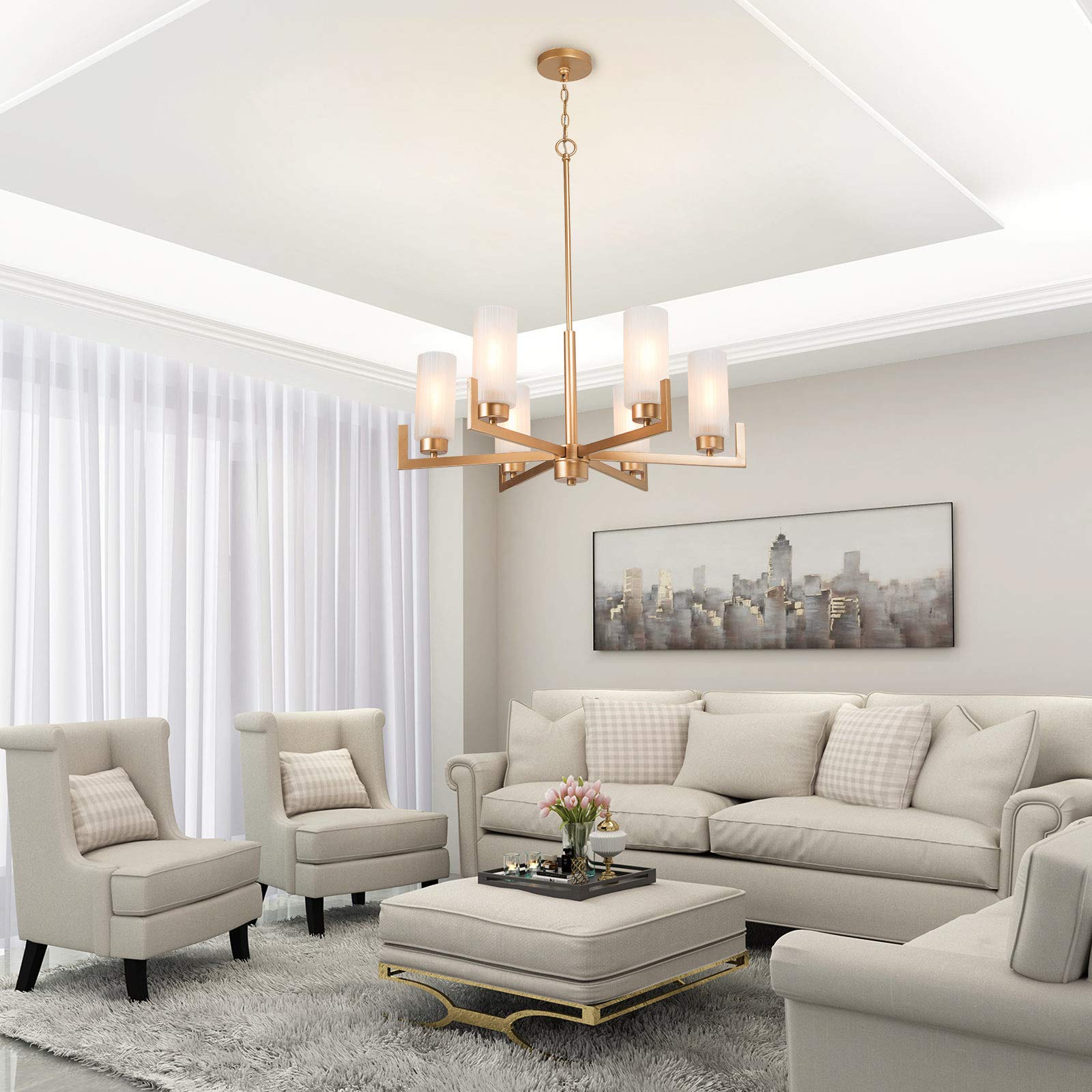 6-Light Gold Chandelier with White Frosted Glass Shades - Modern Crystal Ceiling Light Fixture for Dining Room, Living Room, Kitchen & Bedroom - Perfect for Home Decor, Wedding & Restaurant Lighting