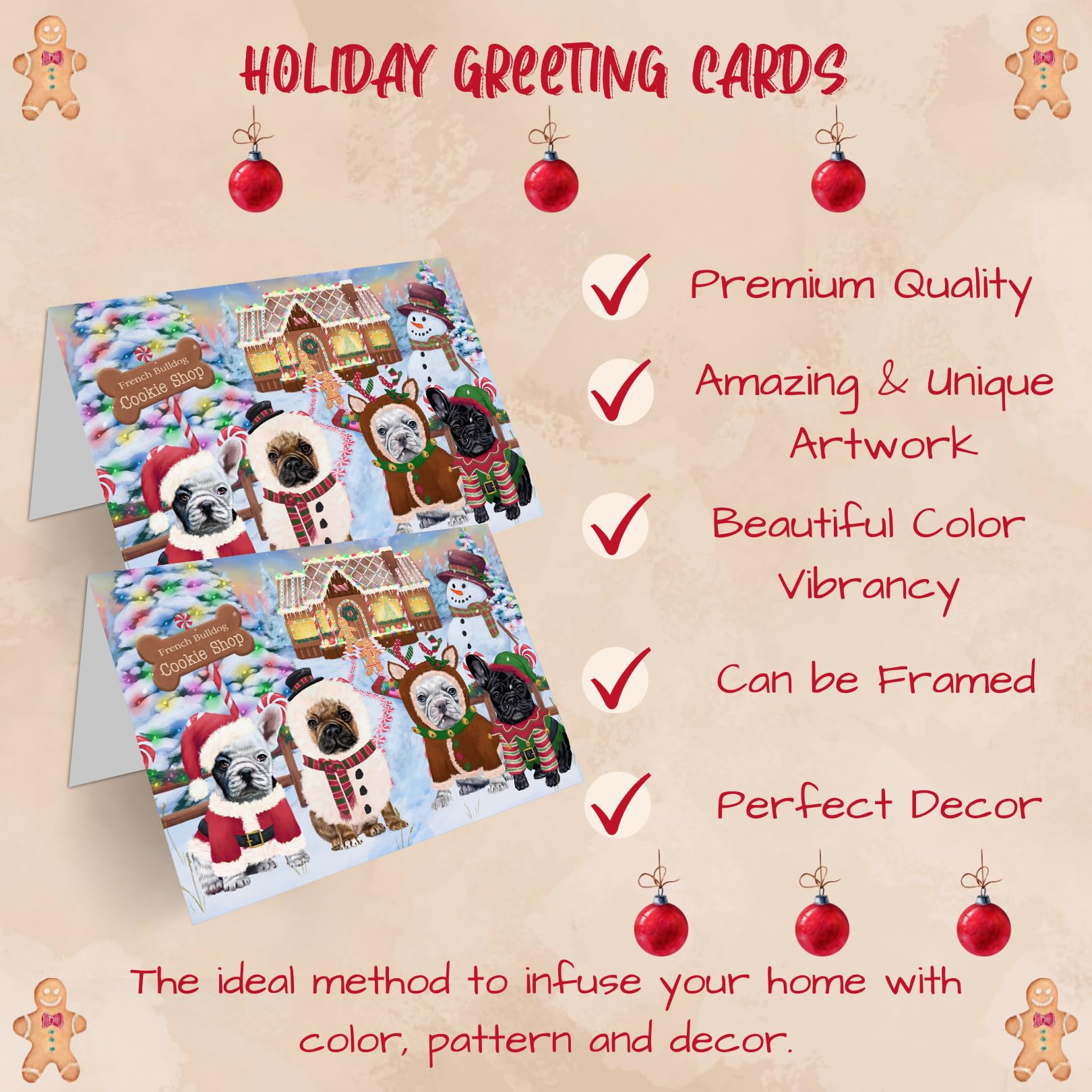 Christmas Gingerbread Cookie French Bulldogs Dog Greeting Cards - 10 Adorable Pet Invitation Cards with Envelopes - Festive Holiday Pet Artwork for Christmas, Birthday & Thank You Notes - Perfect for Pet Lovers & Dog Owners