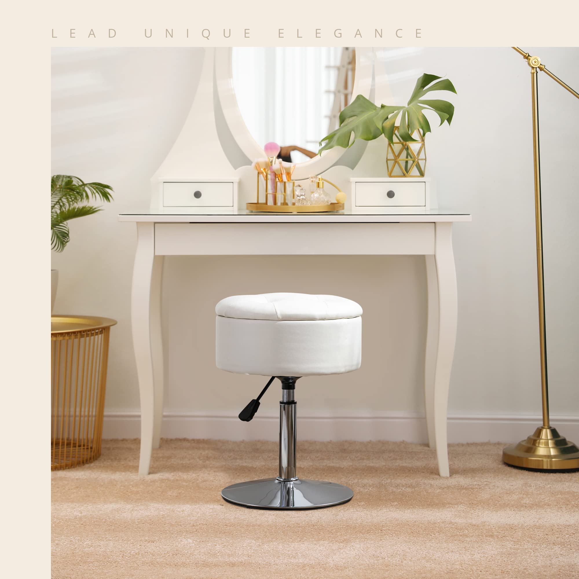 LUE BONA 360° Swivel Vanity Stool Chair with Storage - Adjustable Height Makeup Stool, Small White Faux Leather Stool for Bathroom, Living Room & Dressing Room - Perfect for Makeup, Reading & Relaxing