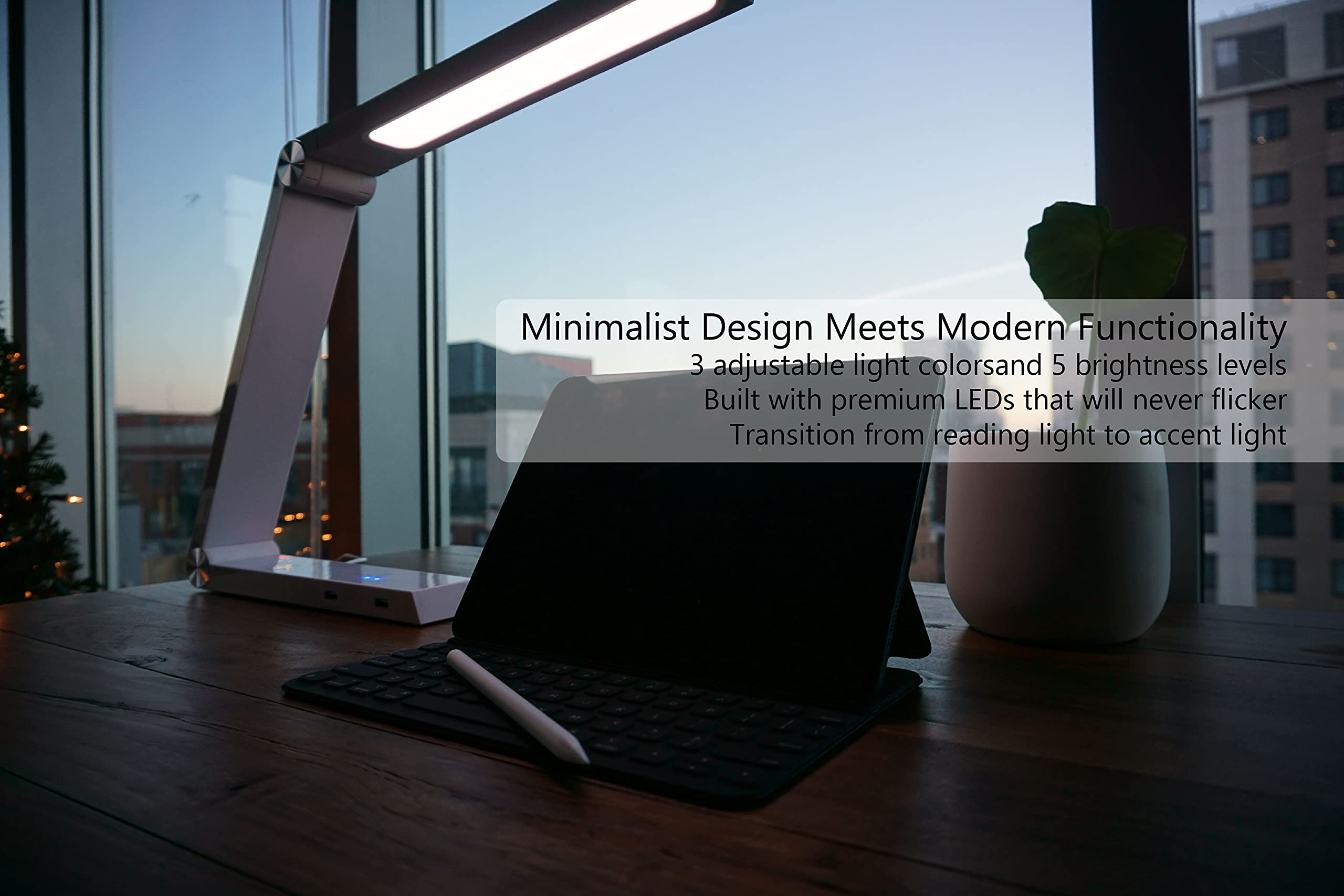 Modern LED Desk Lamp with Dimmable Light Control, Wireless Charging & 2 USB Ports - Adjustable Brightness for Home Office, Dorm, Bedroom, Study Room - Perfect for Reading, Working & Nightstand Lighting (White)