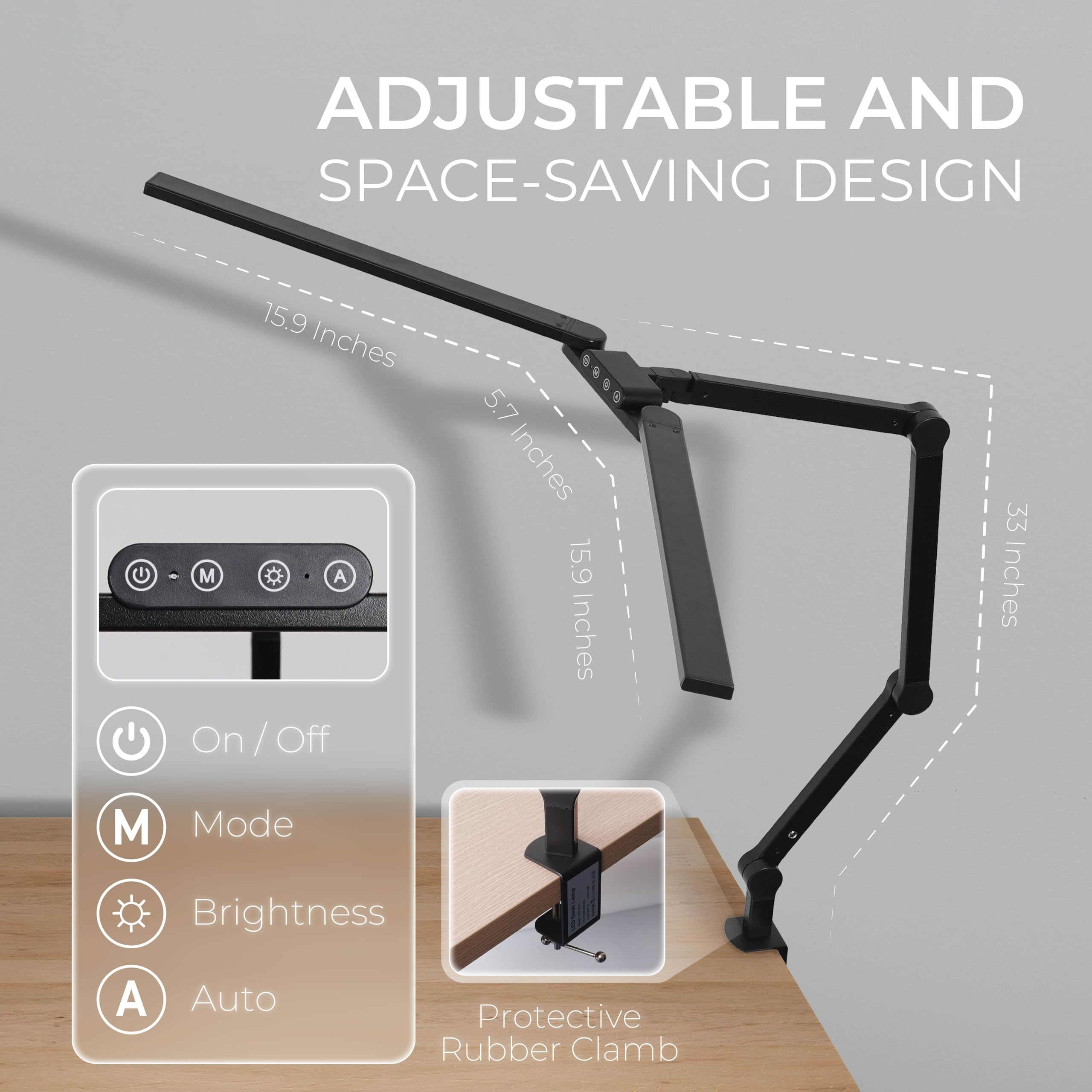 Modern LED Desk Lamp with Clamp - Adjustable Architect-Style Arms & Wide Monitor Light Bar for Dual Screens | Touch Control & Auto-Dimming | Perfect for Home Office, Gaming & Study | Includes Blue Light Blocking Glasses Gift