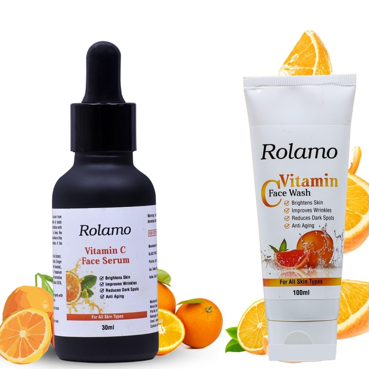 Rolamo Vitamin C & Green Tea Skincare Set - Vitamin C Face Wash 100ml + Brightening Serum 30g for Glowing Skin | Daily Cleansing & Anti-Aging Routine