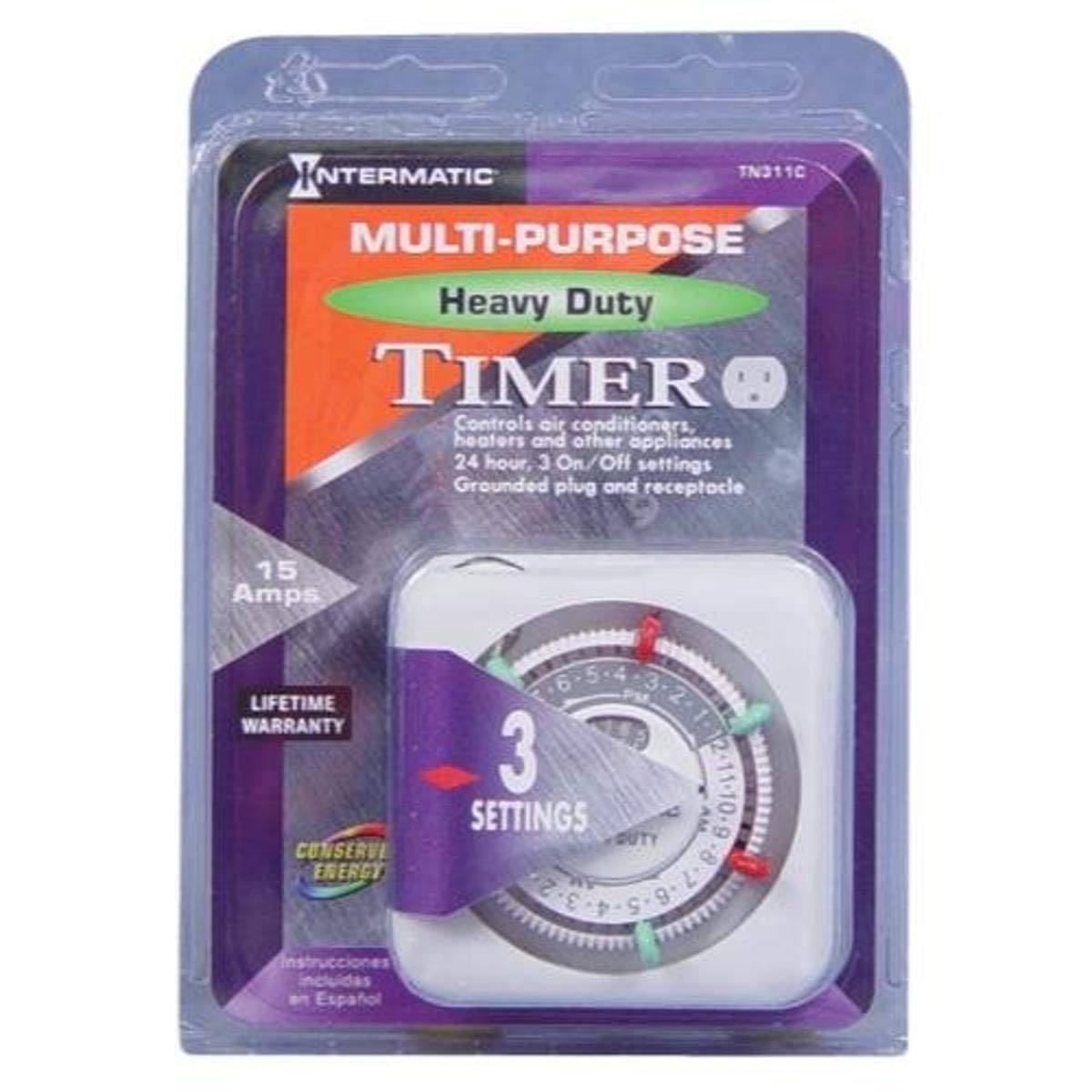 Intermatic TN311C Heavy Duty Mechanical Timer Switch - 120V, 15A, 3-Prong, for Outdoor Lights, Pumps & Appliances | Weatherproof & Durable for Home & Garden Use