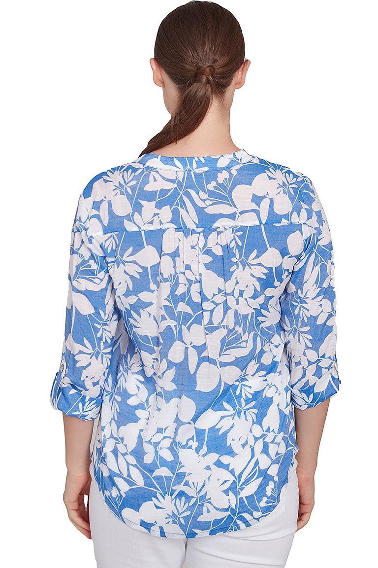 Elegant Pleated Double Pocket Blouse with Tinted Tides Print - Perfect for Office Wear & Casual Outfits | Women's Fashion Tops