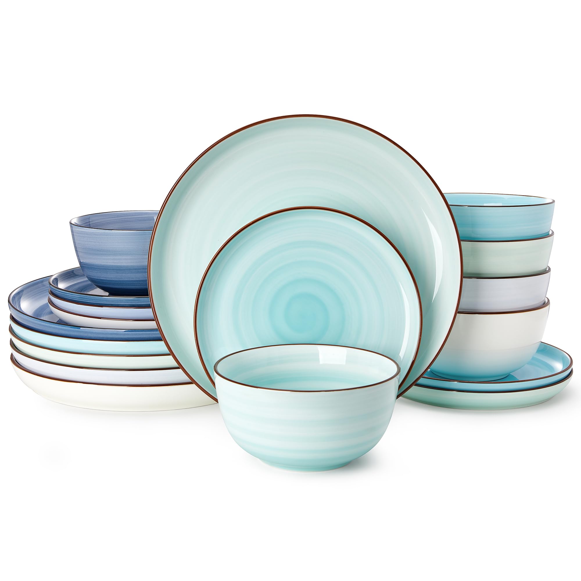 Sweese 18-Piece Porcelain Dinnerware Set - Round Plates & Bowls for 6, Microwave & Dishwasher Safe, Scratch-Resistant Hand-Painted Blue Swirl Design - Perfect for Family Dinners, Parties & Everyday Use